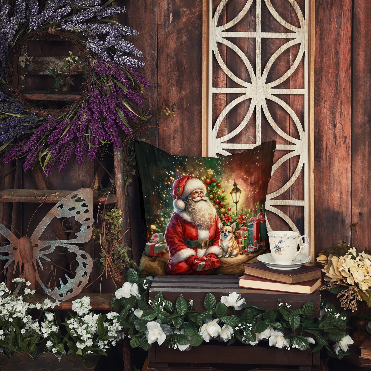 Chihuahua and Santa Claus Decorative Throw Pillow 18x18 Indoor Outdoor Accent Cushion, Fabric Cover with Insert for Sofa, Bed, Porch & Living Room