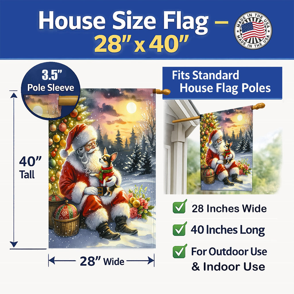 Chihuahua and Santa Claus House Flag 28x40 Porch Sleeve Pole Decorative Outside Yard Banner Artwork Wall Hanging, Polyester
