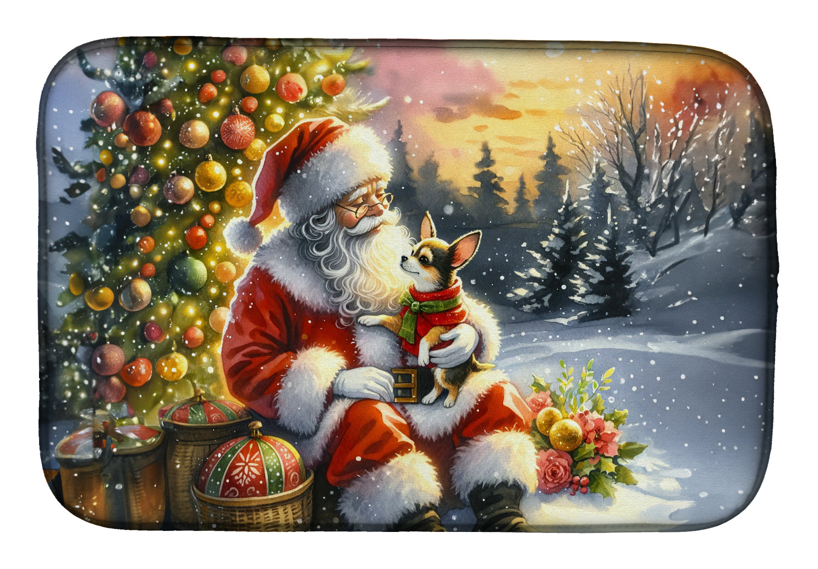 Chihuahua and Santa Claus Dish Drying Mat Absorbent Dish Drying Mat Pad for Kitchen Counter Dish Drainer Mat for Countertop, 14 x 21", Multicolor