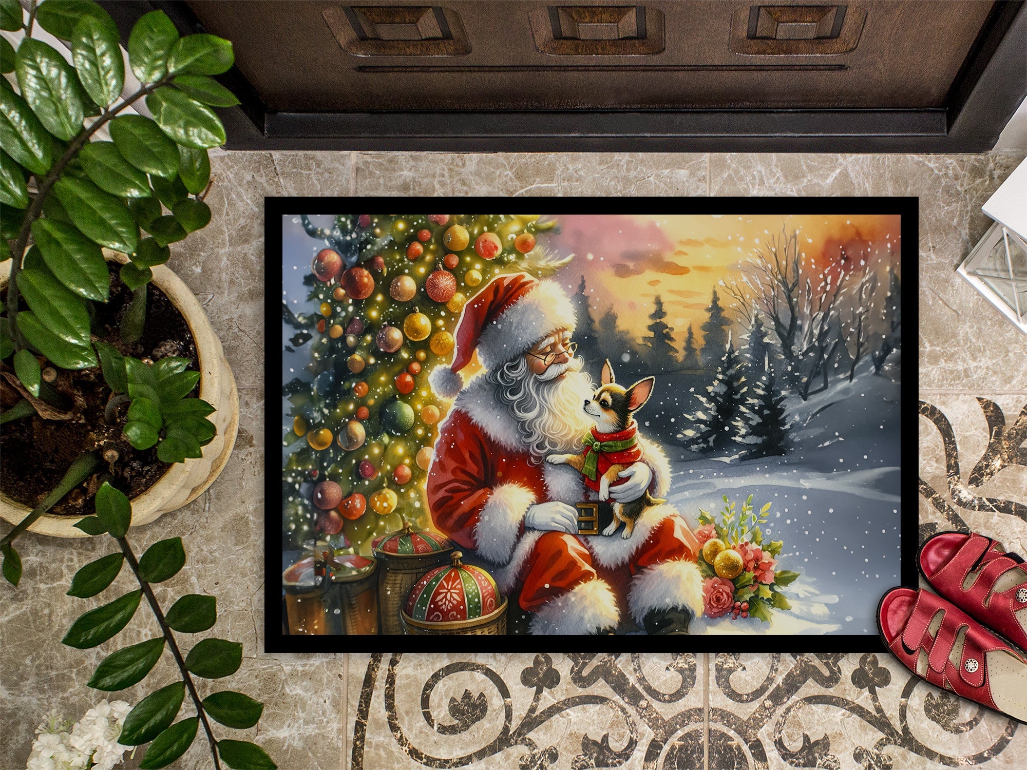 Chihuahua and Santa Claus Doormat Indoor Outdoor 24H X 36W Front Door Mat Rugs for Entryway, Non Slip Washable Low Pile,