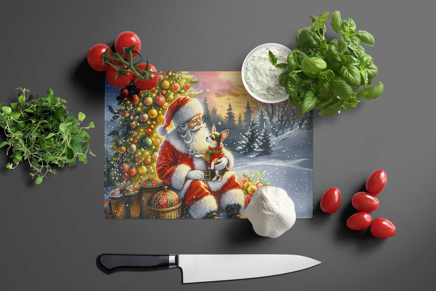 Chihuahua and Santa Claus Cutting Board Tempered Glass Kitchen Cutting Surface, Heat Resistant Chopping, Non-Slip Feet, Food Prep & Serving