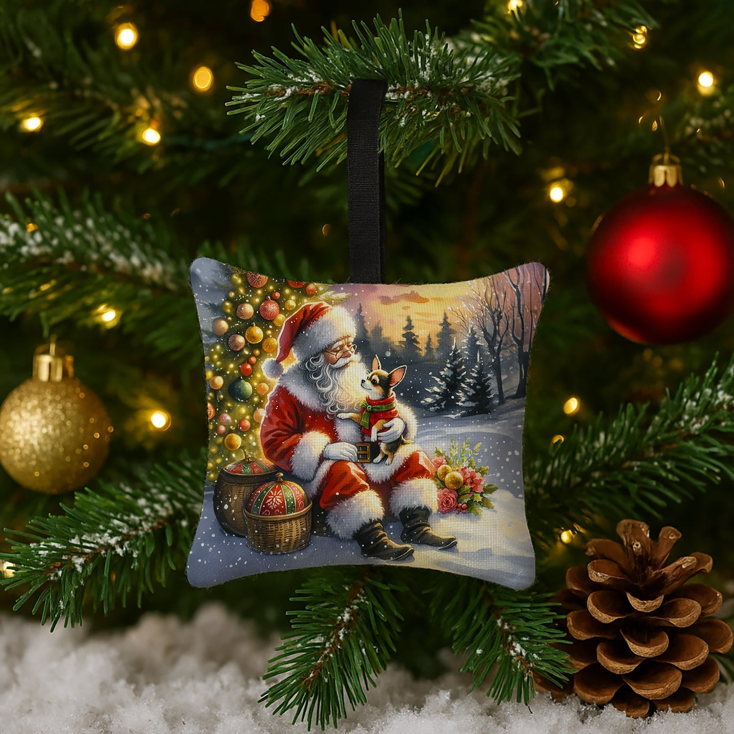 Chihuahua and Santa Claus Hanging Square Fabric Ornament 3.5 × 3.5 Decorative Door-Knob & Tree Hanger, Soft Fabric