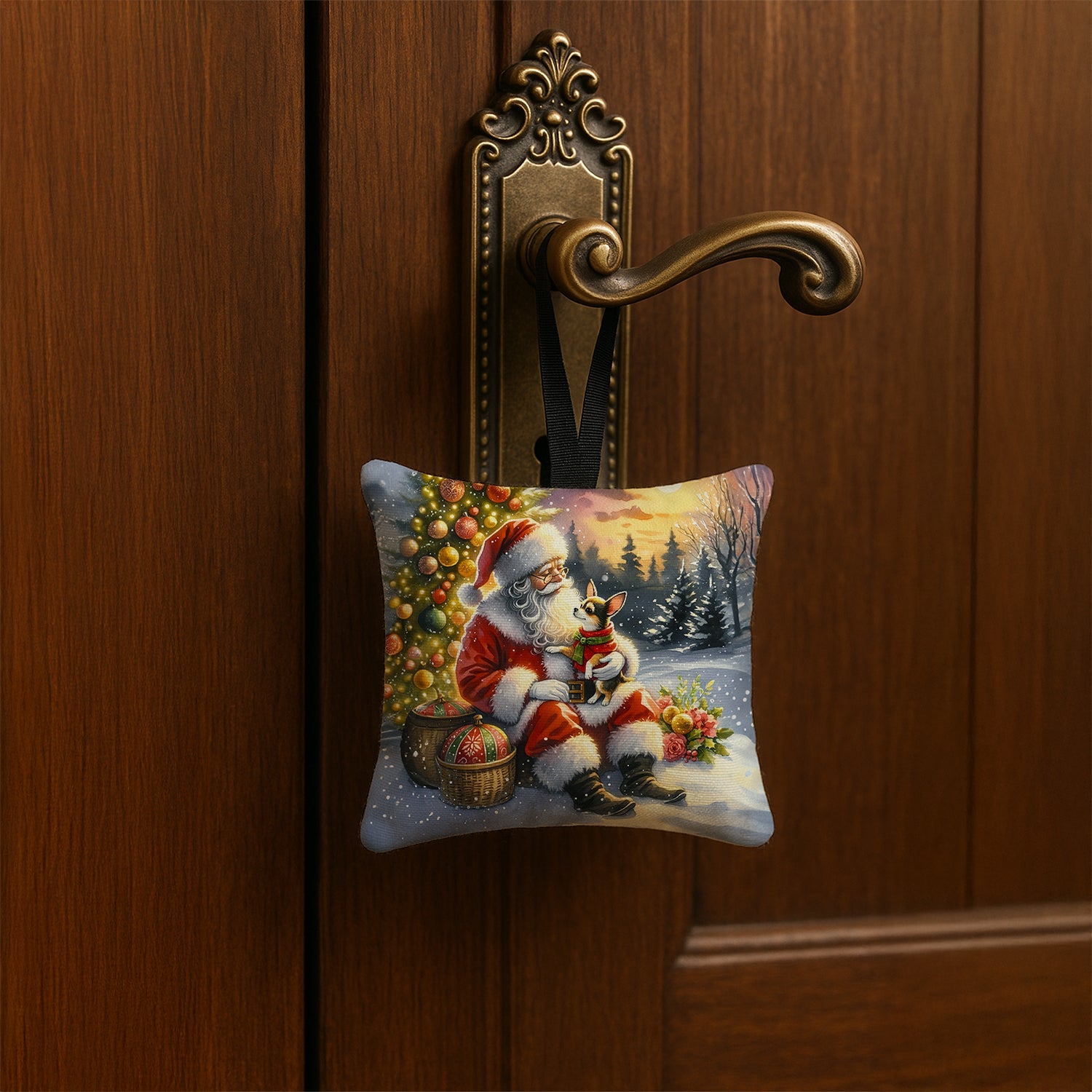Chihuahua and Santa Claus Hanging Square Fabric Ornament 3.5 × 3.5 Decorative Door-Knob & Tree Hanger, Soft Fabric