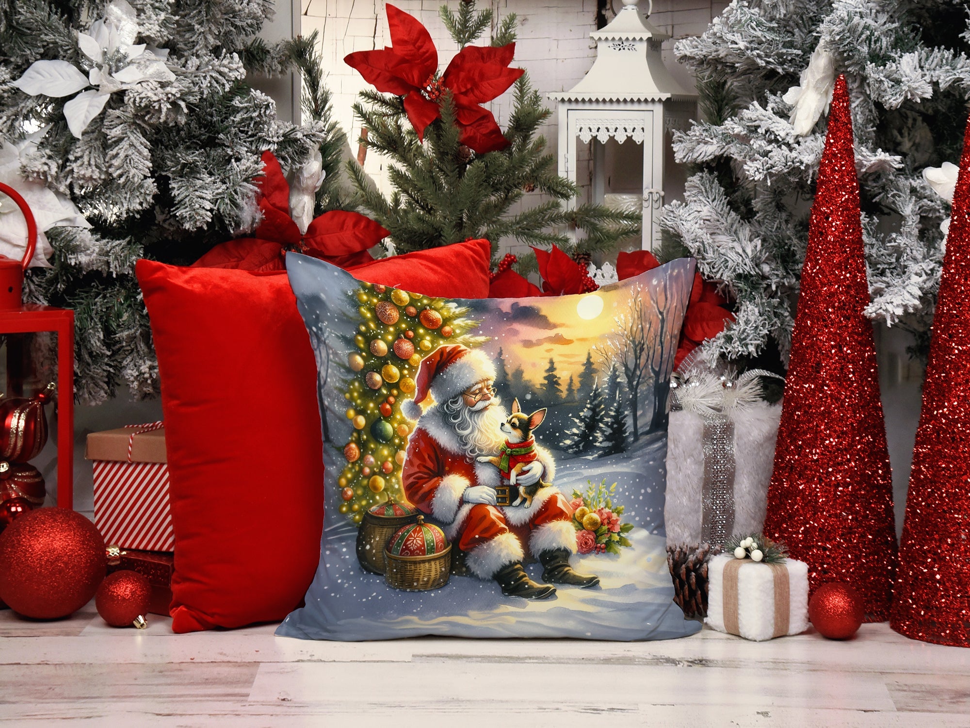 Chihuahua and Santa Claus Decorative Throw Pillow 14x14 Indoor Outdoor Accent Cushion, Fabric Cover with Insert for Sofa, Bed, Porch & Living Room