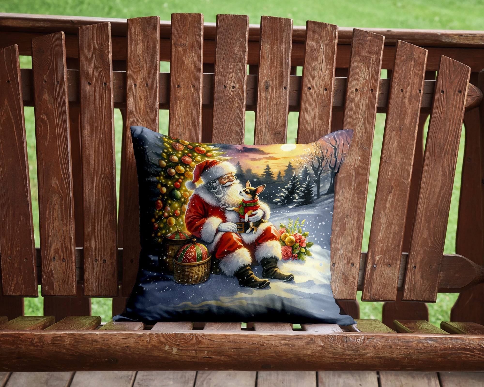 Chihuahua and Santa Claus Decorative Throw Pillow 14x14 Indoor Outdoor Accent Cushion, Fabric Cover with Insert for Sofa, Bed, Porch & Living Room