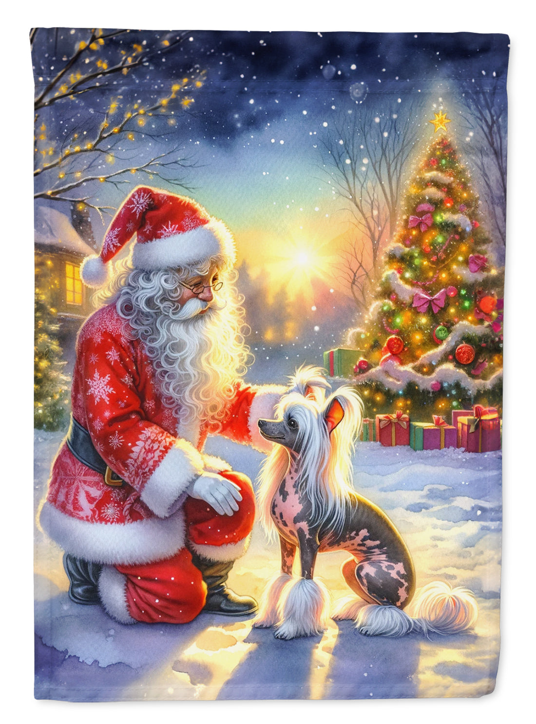 Chinese Crested and Santa Claus House Flag 28x40 Porch Sleeve Pole Decorative Outside Yard Banner Artwork Wall Hanging, Polyester