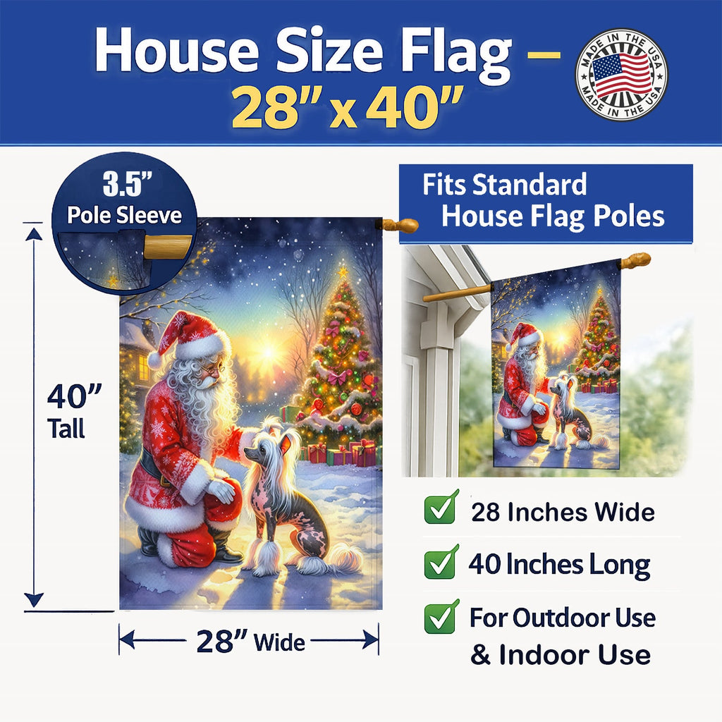 Chinese Crested and Santa Claus House Flag 28x40 Porch Sleeve Pole Decorative Outside Yard Banner Artwork Wall Hanging, Polyester