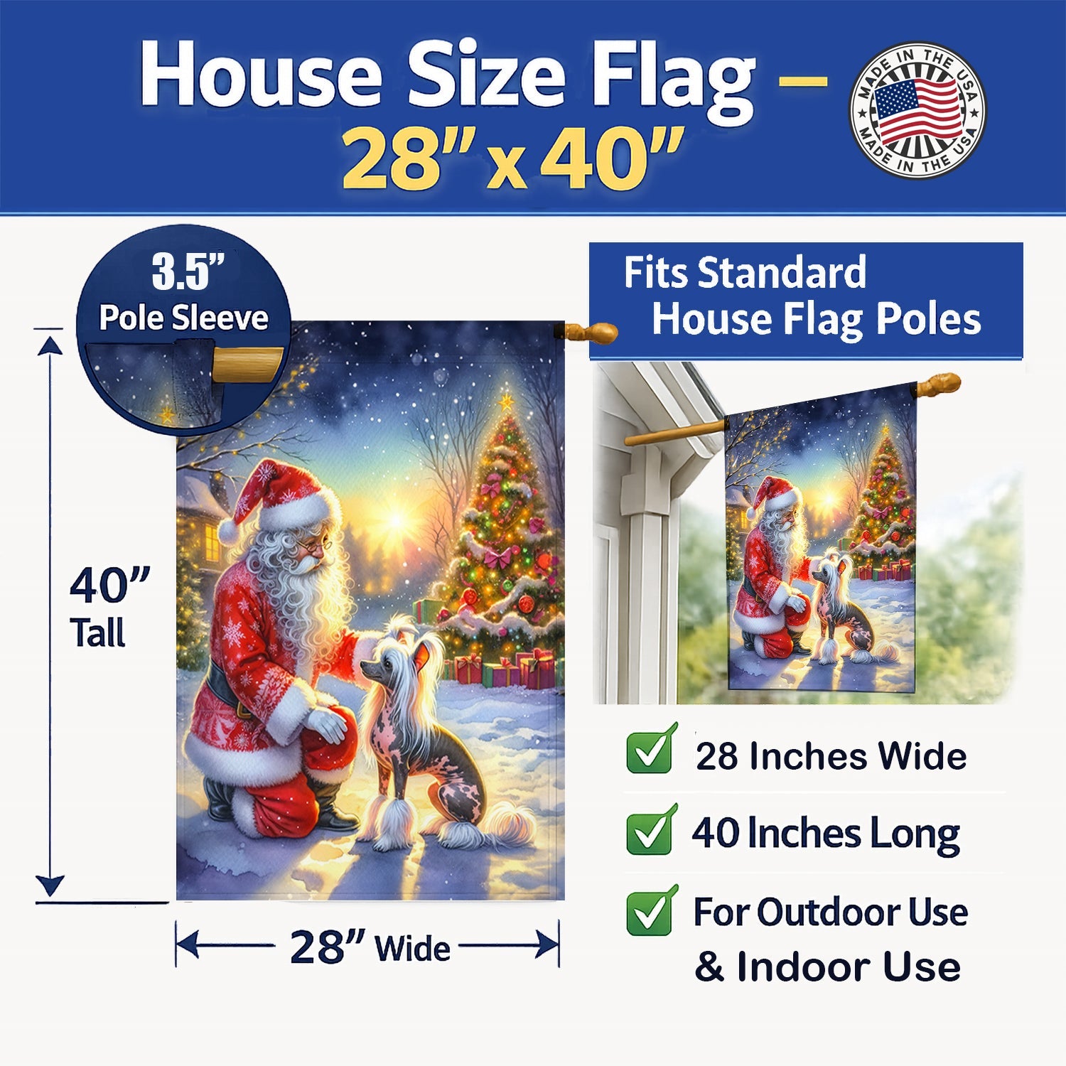 Chinese Crested and Santa Claus House Flag 28x40 Porch Sleeve Pole Decorative Outside Yard Banner Artwork Wall Hanging, Polyester