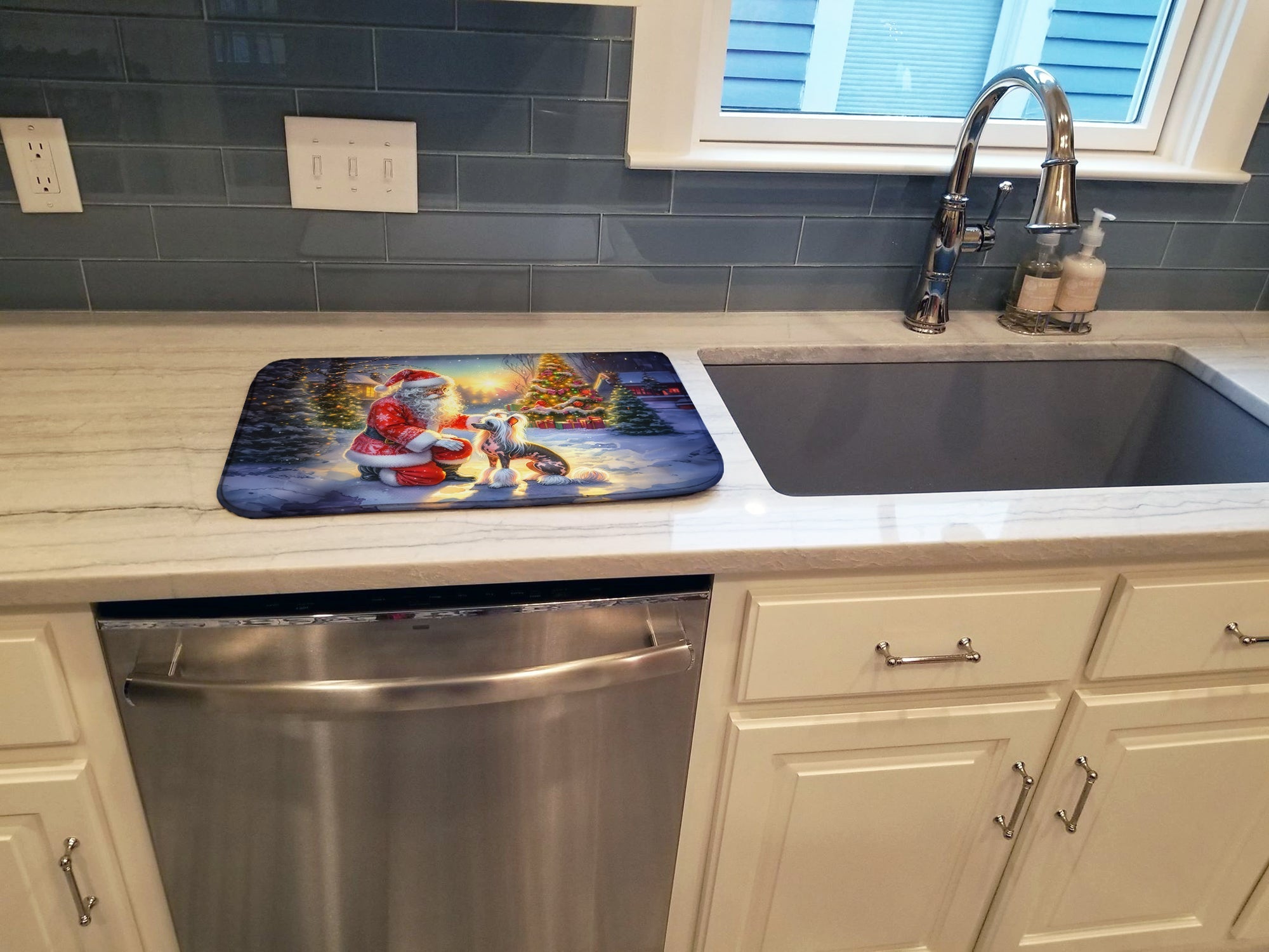 Chinese Crested and Santa Claus Dish Drying Mat Absorbent Dish Drying Mat Pad for Kitchen Counter Dish Drainer Mat for Countertop, 14 x 21", Multicolor