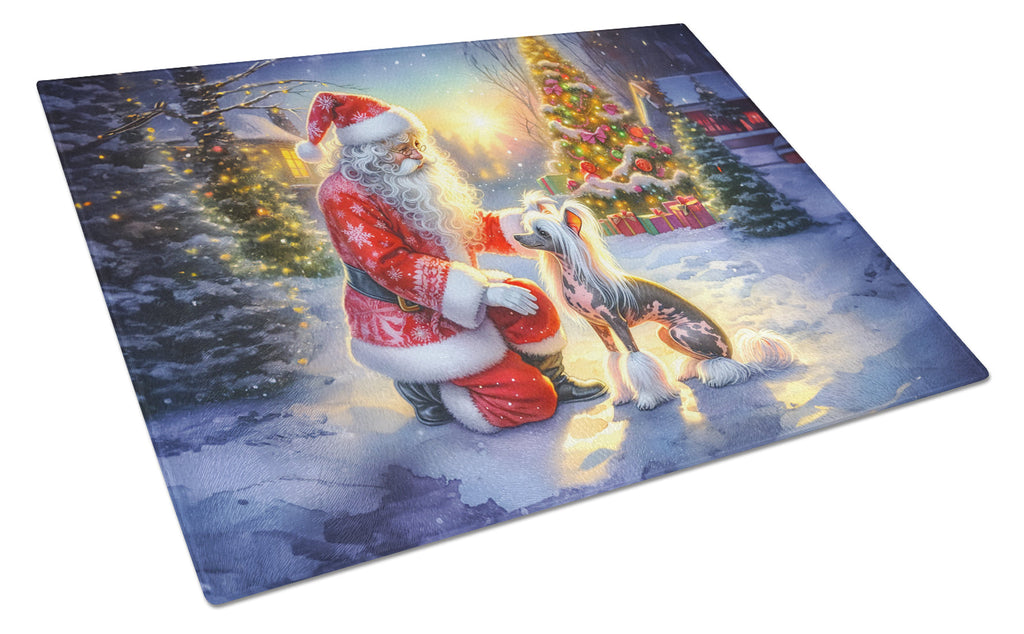 Chinese Crested and Santa Claus Cutting Board Tempered Glass Kitchen Cutting Surface, Heat Resistant Chopping, Non-Slip Feet, Food Prep & Serving