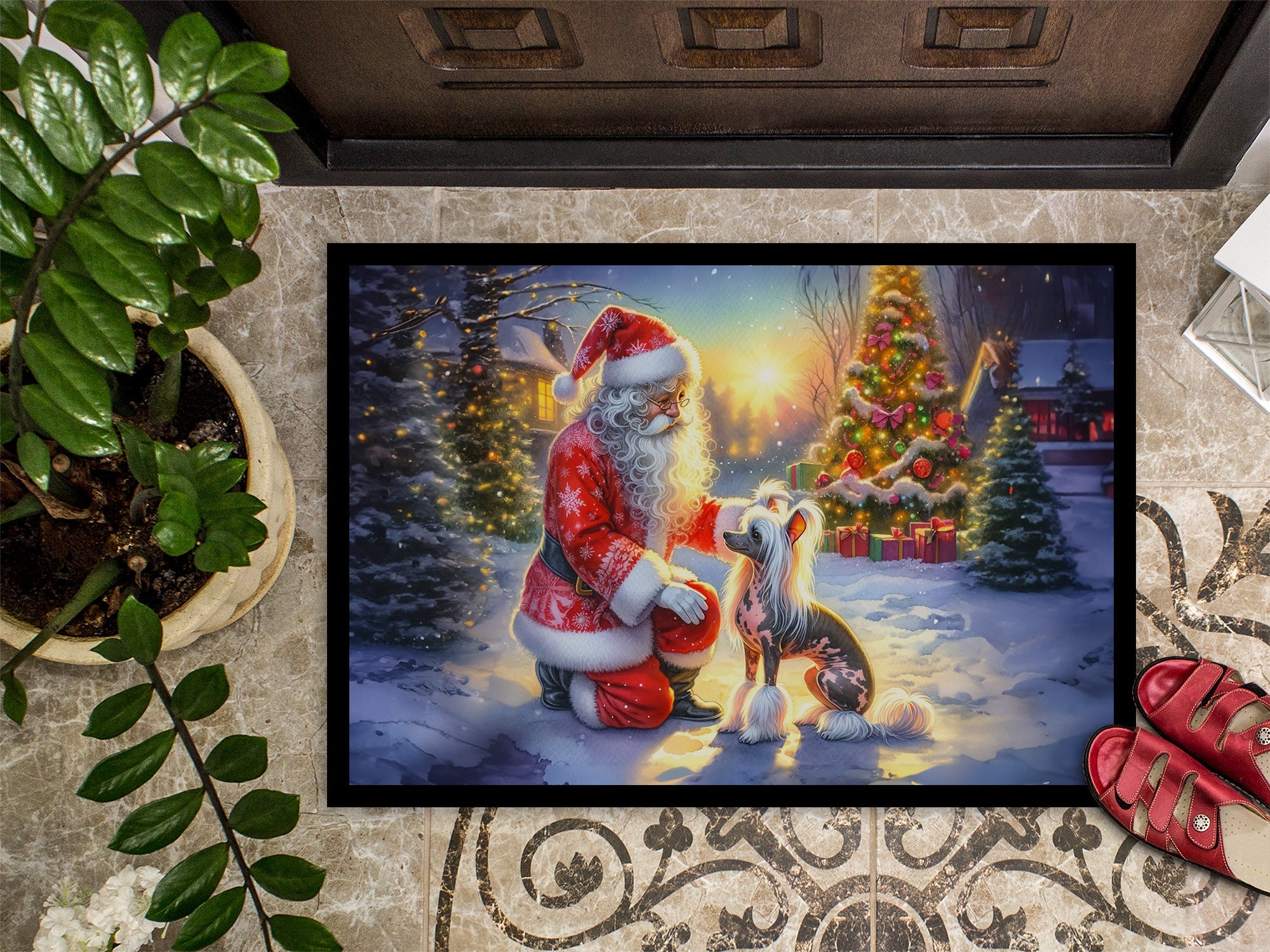 Chinese Crested and Santa Claus Doormat Indoor Outdoor 18H X 27W Front Door Mat Rugs for Entryway, Non Slip Washable
