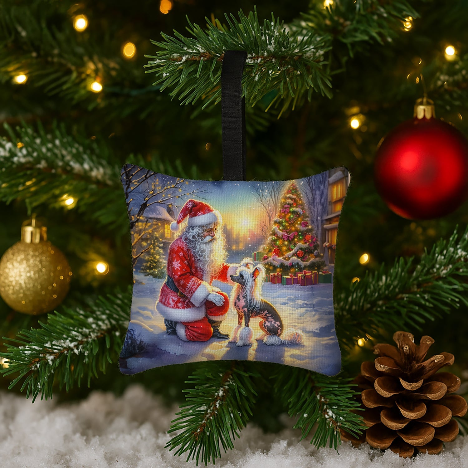 Chinese Crested and Santa Claus Hanging Square Fabric Ornament 3.5 × 3.5 Decorative Door-Knob & Tree Hanger, Soft Fabric