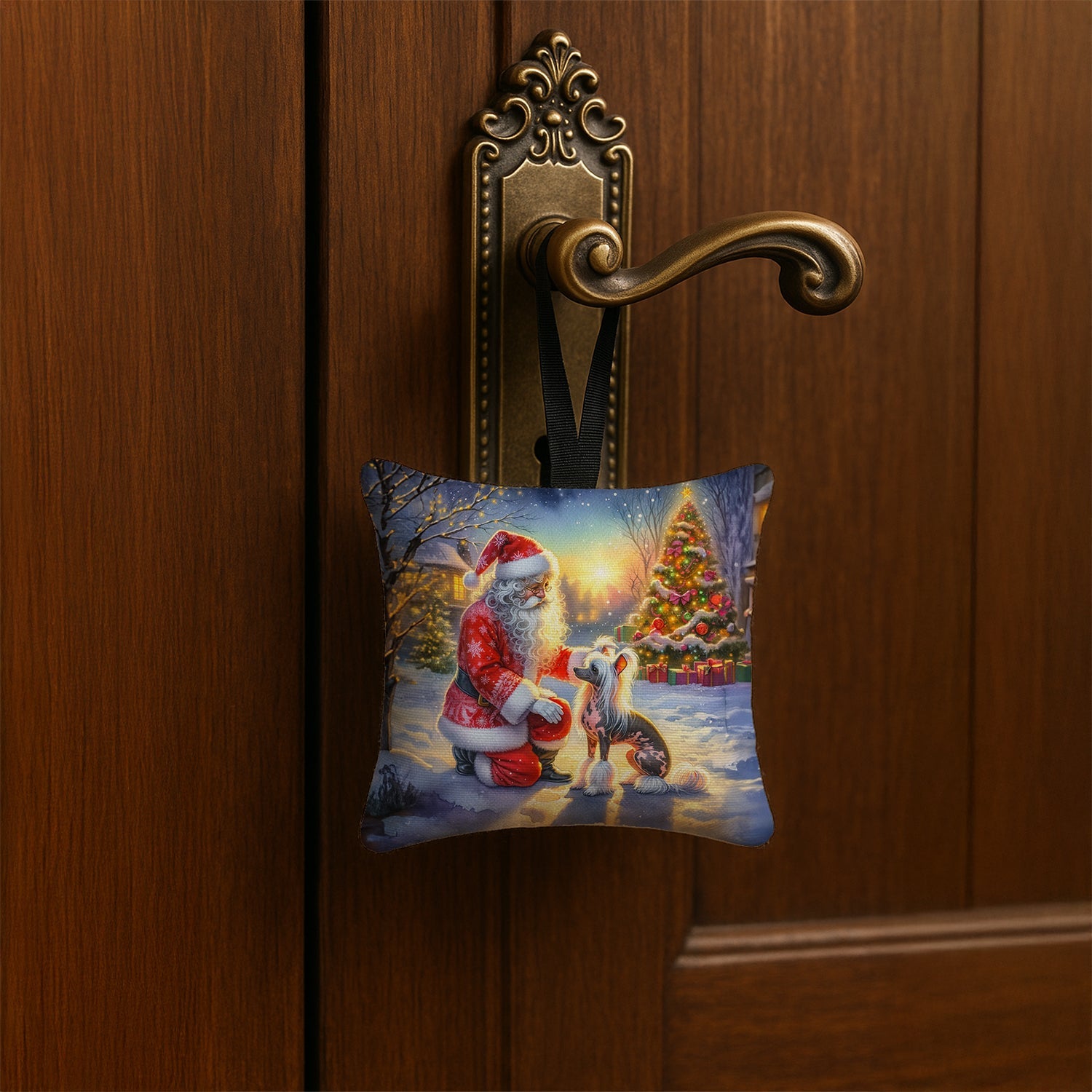 Chinese Crested and Santa Claus Hanging Square Fabric Ornament 3.5 × 3.5 Decorative Door-Knob & Tree Hanger, Soft Fabric