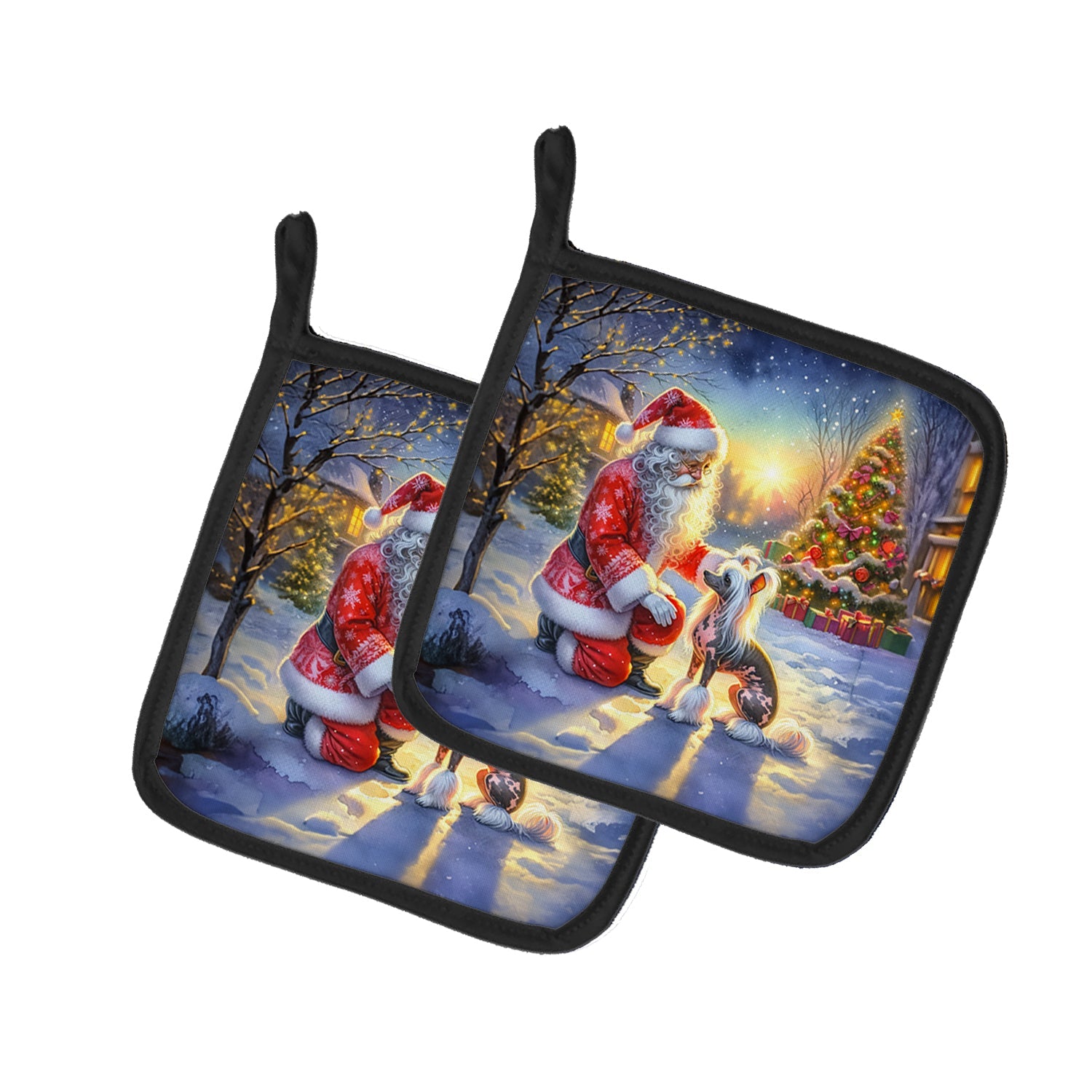 Chinese Crested and Santa Claus Pot Holder Set of 2 Heat Resistant Quilted Hot Pads 7.5 x 7.5 Inch, Insulated Kitchen Trivets for Cooking & Baking