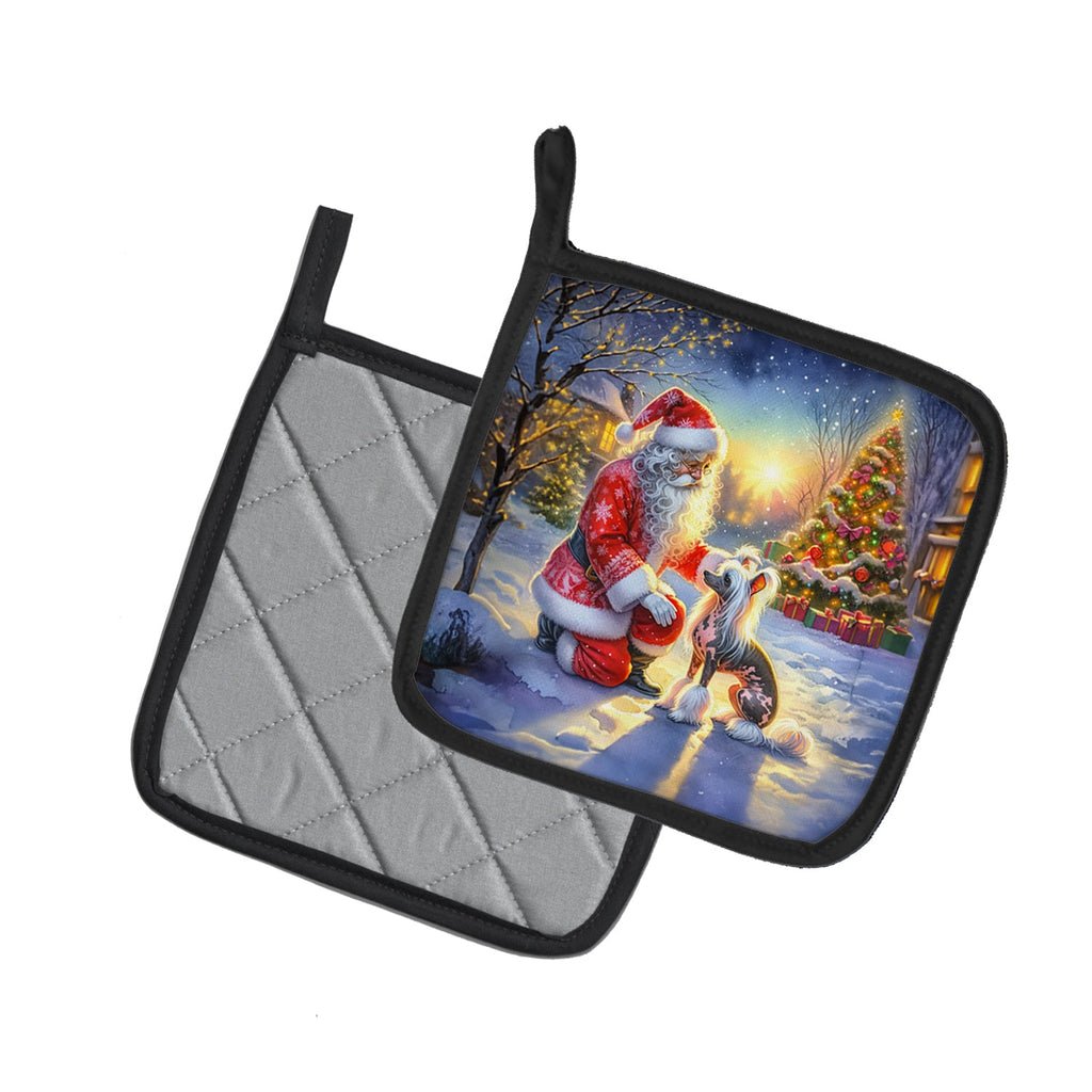 Chinese Crested and Santa Claus Pot Holder Set of 2 Heat Resistant Quilted Hot Pads 7.5 x 7.5 Inch, Insulated Kitchen Trivets for Cooking & Baking