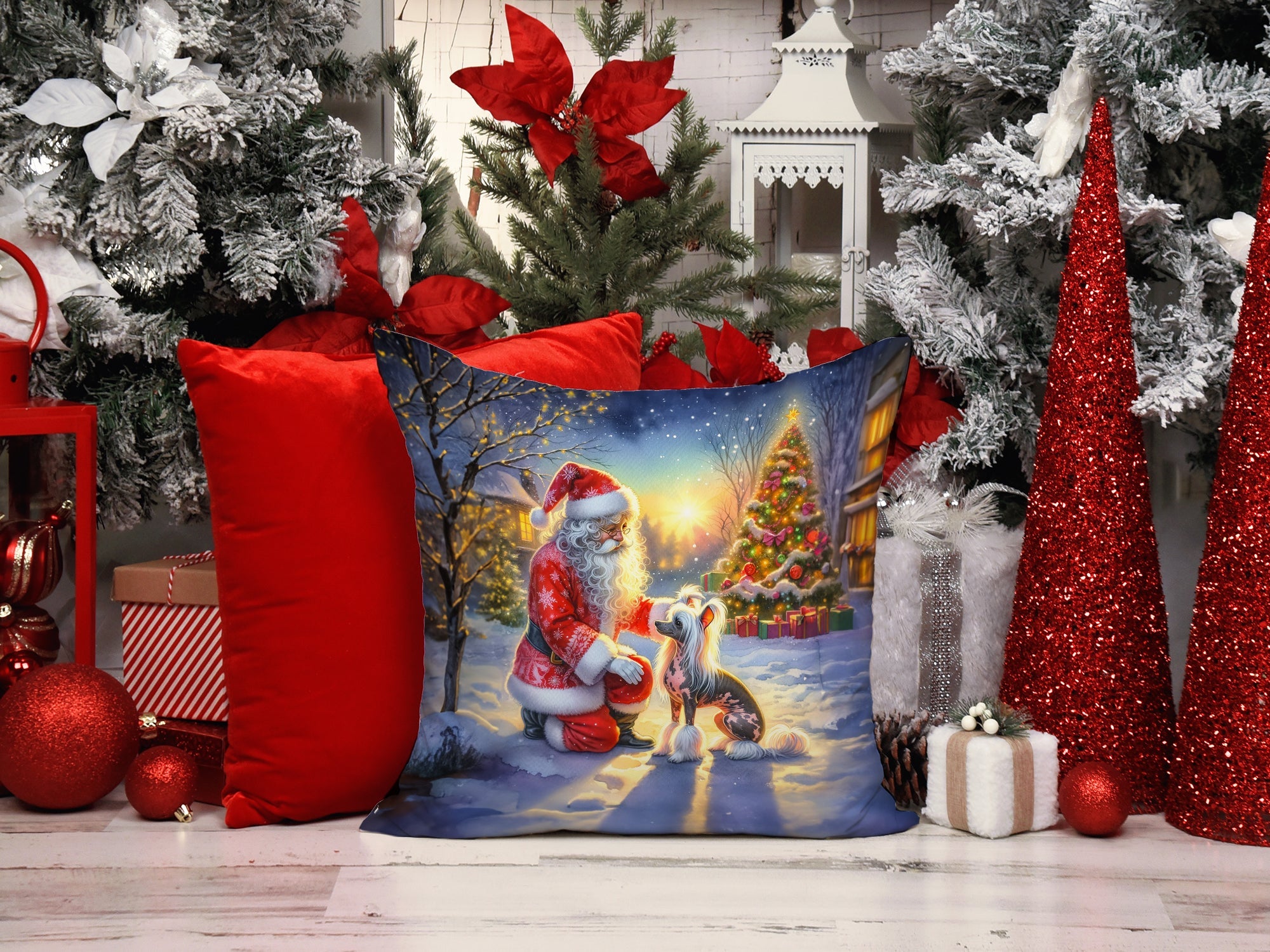 Chinese Crested and Santa Claus Decorative Throw Pillow 14x14 Indoor Outdoor Accent Cushion, Fabric Cover with Insert for Sofa, Bed, Porch & Living Room