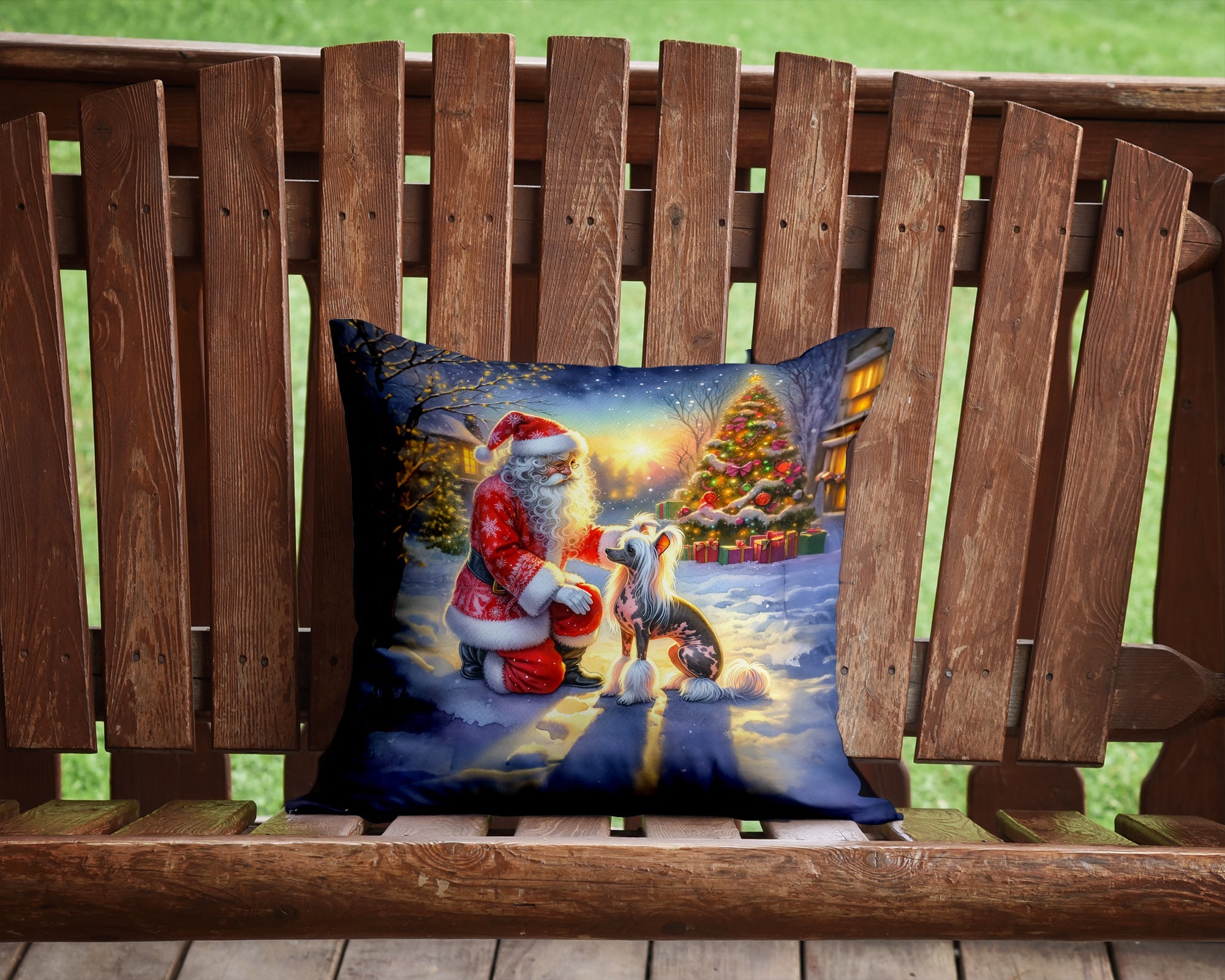 Chinese Crested and Santa Claus Decorative Throw Pillow 14x14 Indoor Outdoor Accent Cushion, Fabric Cover with Insert for Sofa, Bed, Porch & Living Room