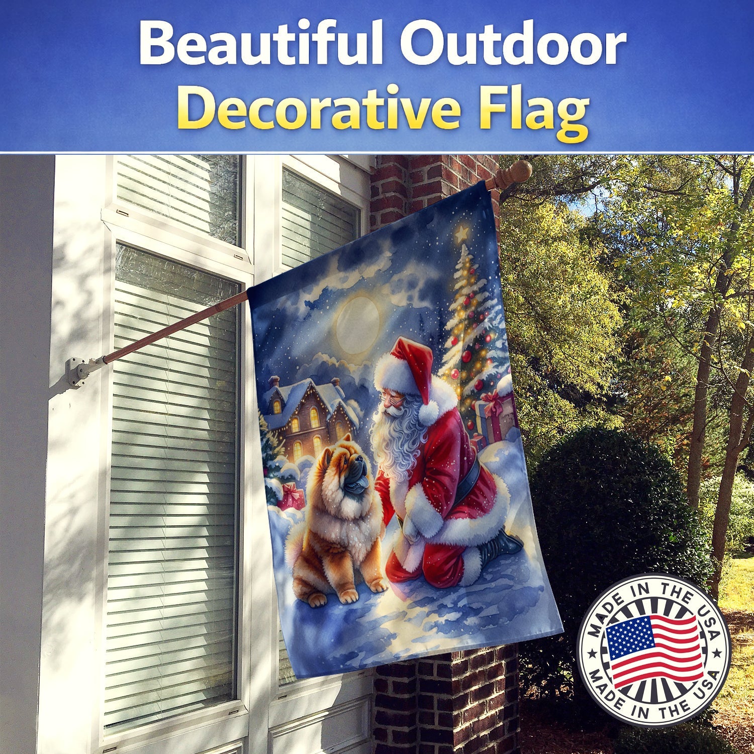 Chow Chow and Santa Claus House Flag 28x40 Porch Sleeve Pole Decorative Outside Yard Banner Artwork Wall Hanging, Polyester