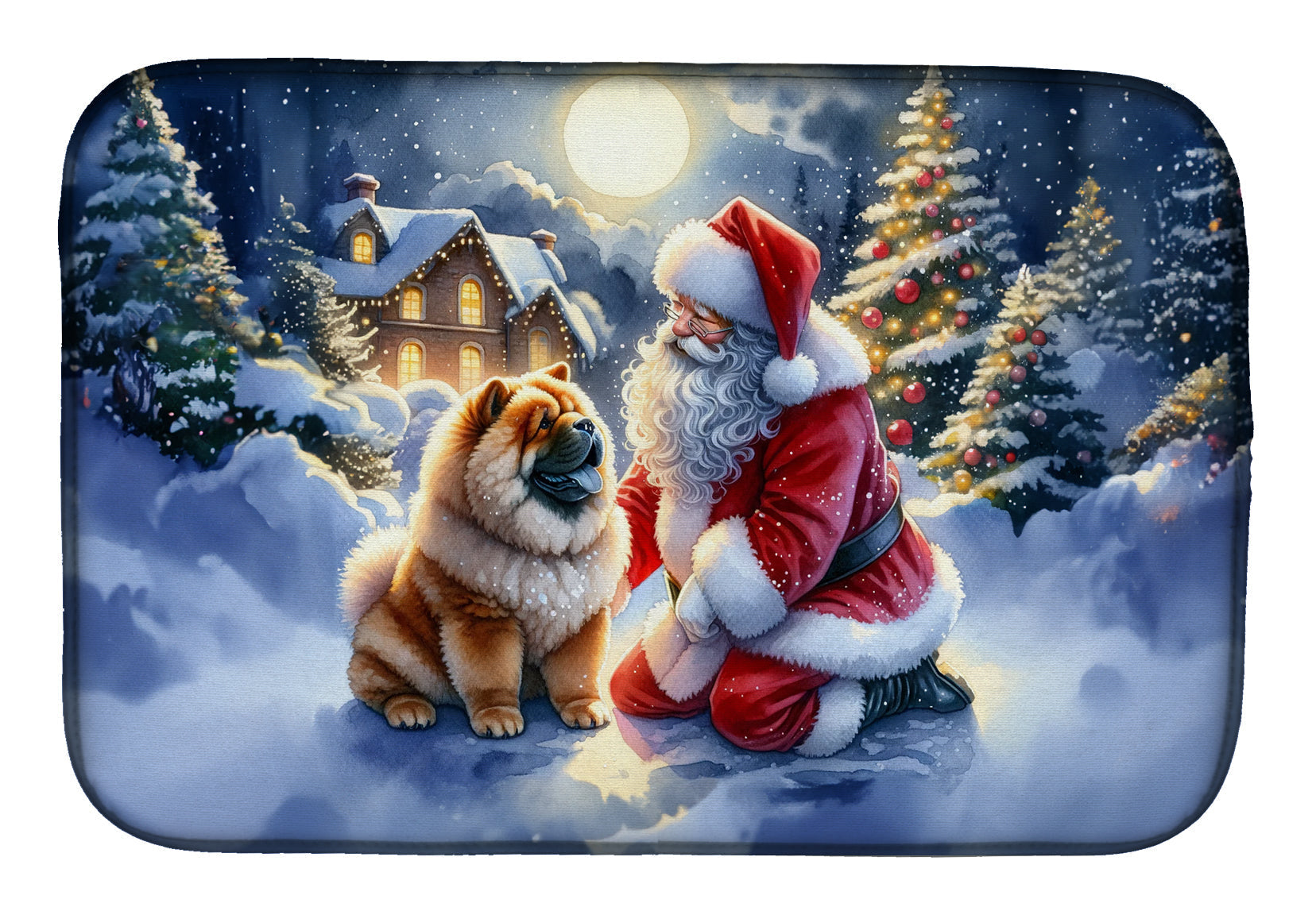 Chow Chow and Santa Claus Dish Drying Mat Absorbent Dish Drying Mat Pad for Kitchen Counter Dish Drainer Mat for Countertop, 14 x 21", Multicolor