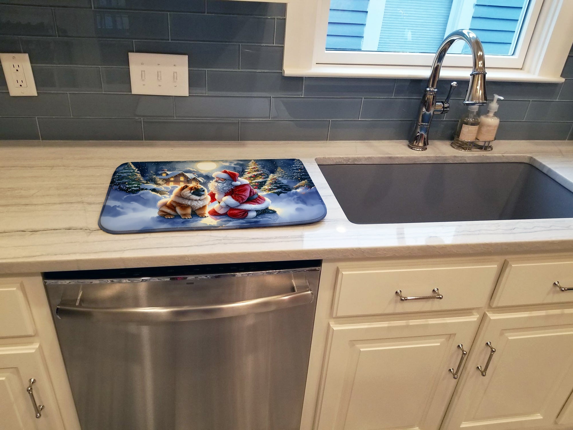 Chow Chow and Santa Claus Dish Drying Mat Absorbent Dish Drying Mat Pad for Kitchen Counter Dish Drainer Mat for Countertop, 14 x 21", Multicolor