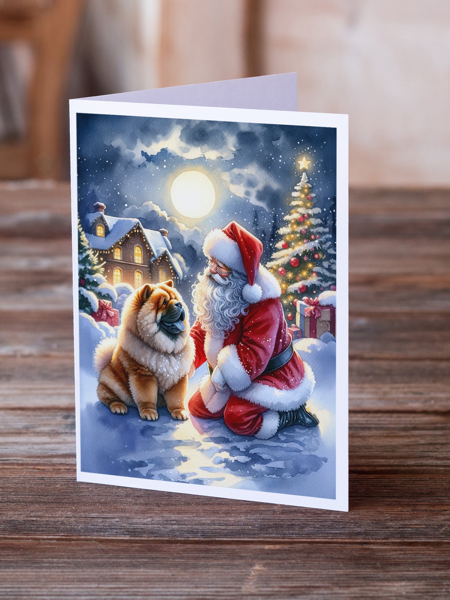 Chow Chow and Santa Claus Greeting Cards Pack of 8 Blank Cards with Envelopes Whimsical A7 Size 5x7