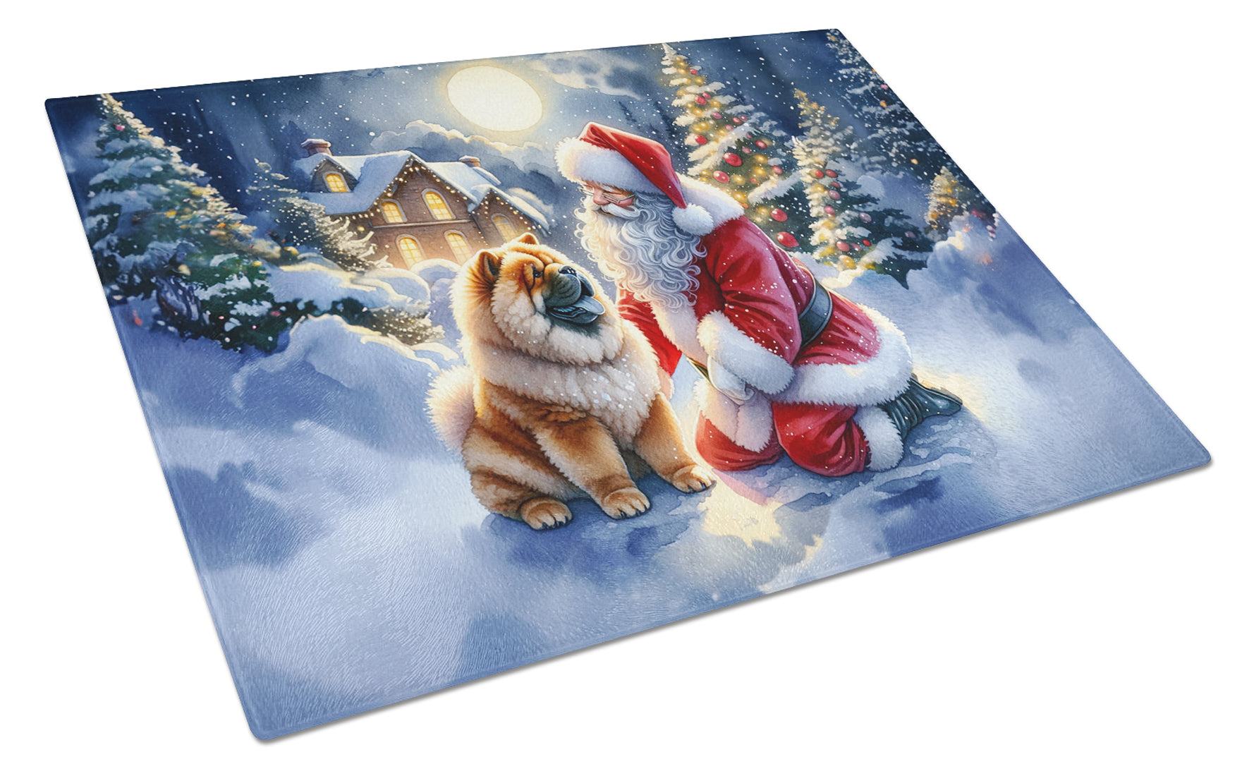 Chow Chow and Santa Claus Cutting Board Tempered Glass Kitchen Cutting Surface, Heat Resistant Chopping, Non-Slip Feet, Food Prep & Serving