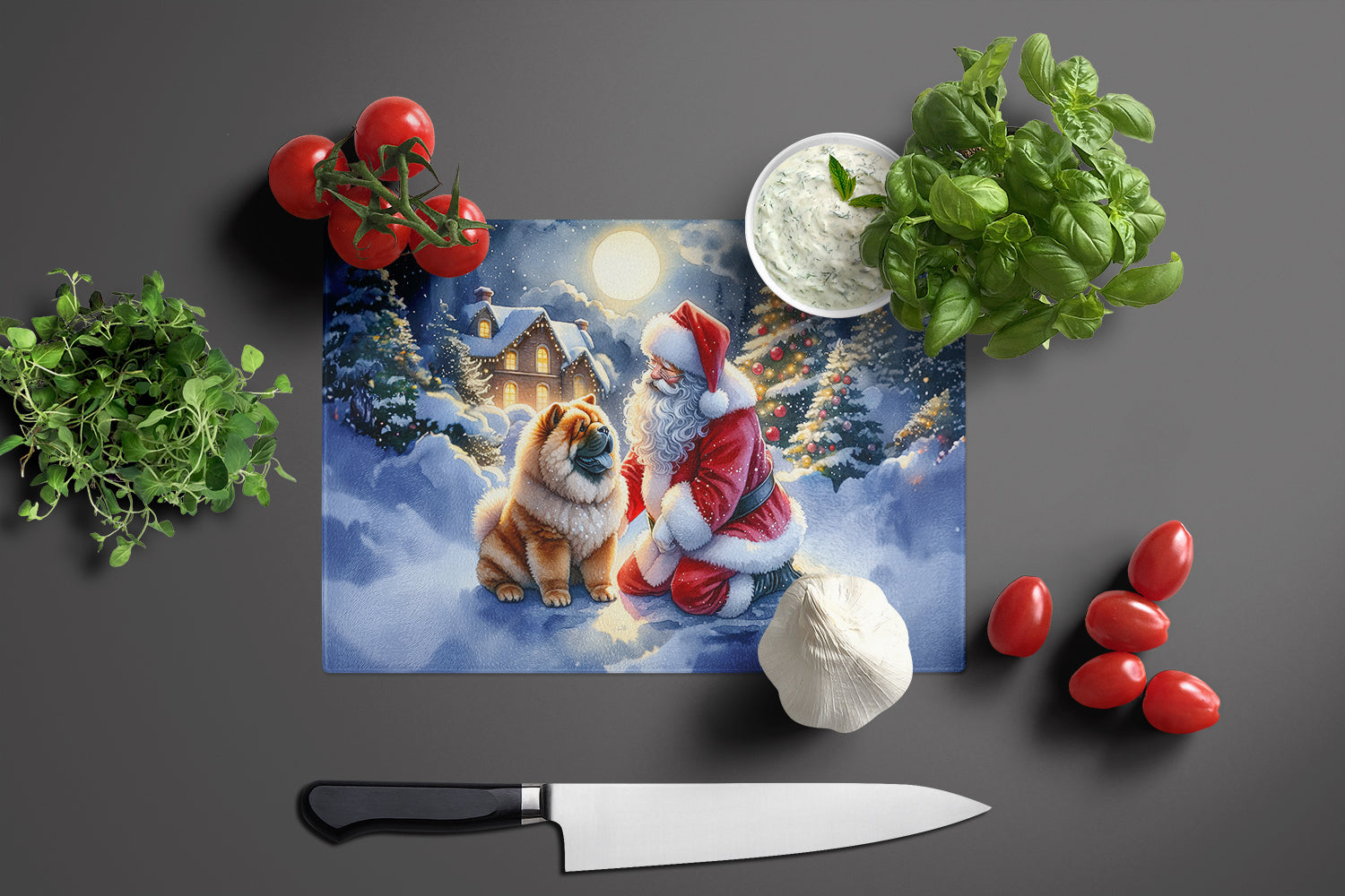Chow Chow and Santa Claus Cutting Board Tempered Glass Kitchen Cutting Surface, Heat Resistant Chopping, Non-Slip Feet, Food Prep & Serving