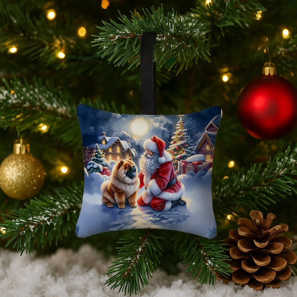 Chow Chow and Santa Claus Hanging Square Fabric Ornament 3.5 × 3.5 Decorative Door-Knob & Tree Hanger, Soft Fabric