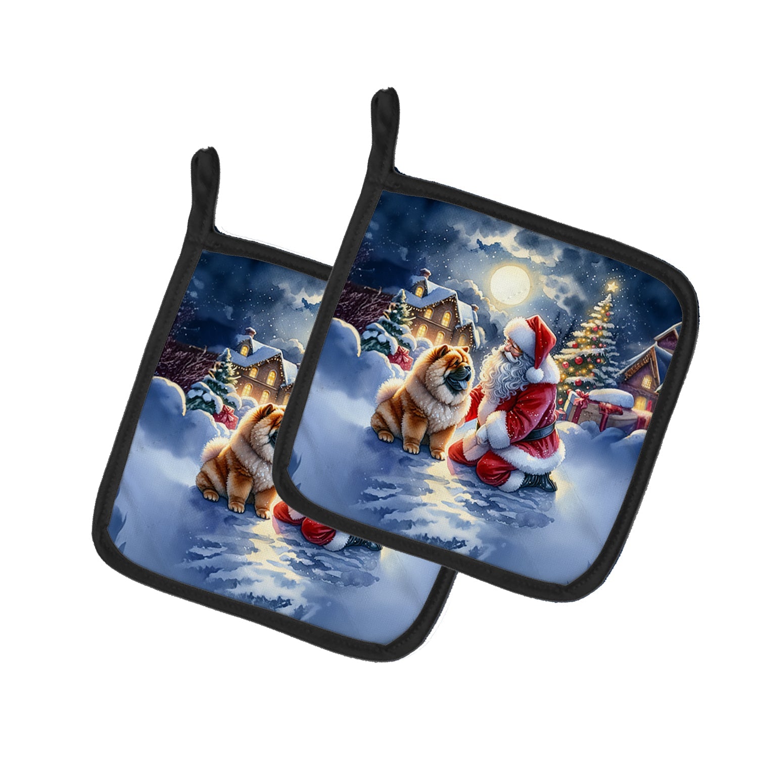 Chow Chow and Santa Claus Pot Holder Set of 2 Heat Resistant Quilted Hot Pads 7.5 x 7.5 Inch, Insulated Kitchen Trivets for Cooking & Baking