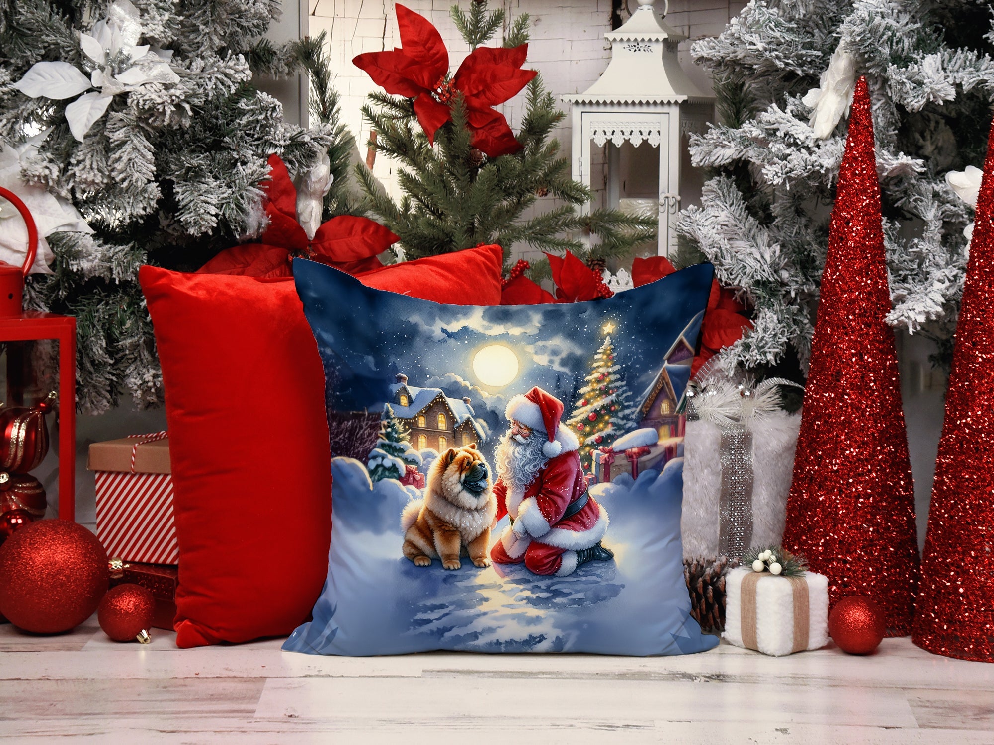 Chow Chow and Santa Claus Decorative Throw Pillow 14x14 Indoor Outdoor Accent Cushion, Fabric Cover with Insert for Sofa, Bed, Porch & Living Room