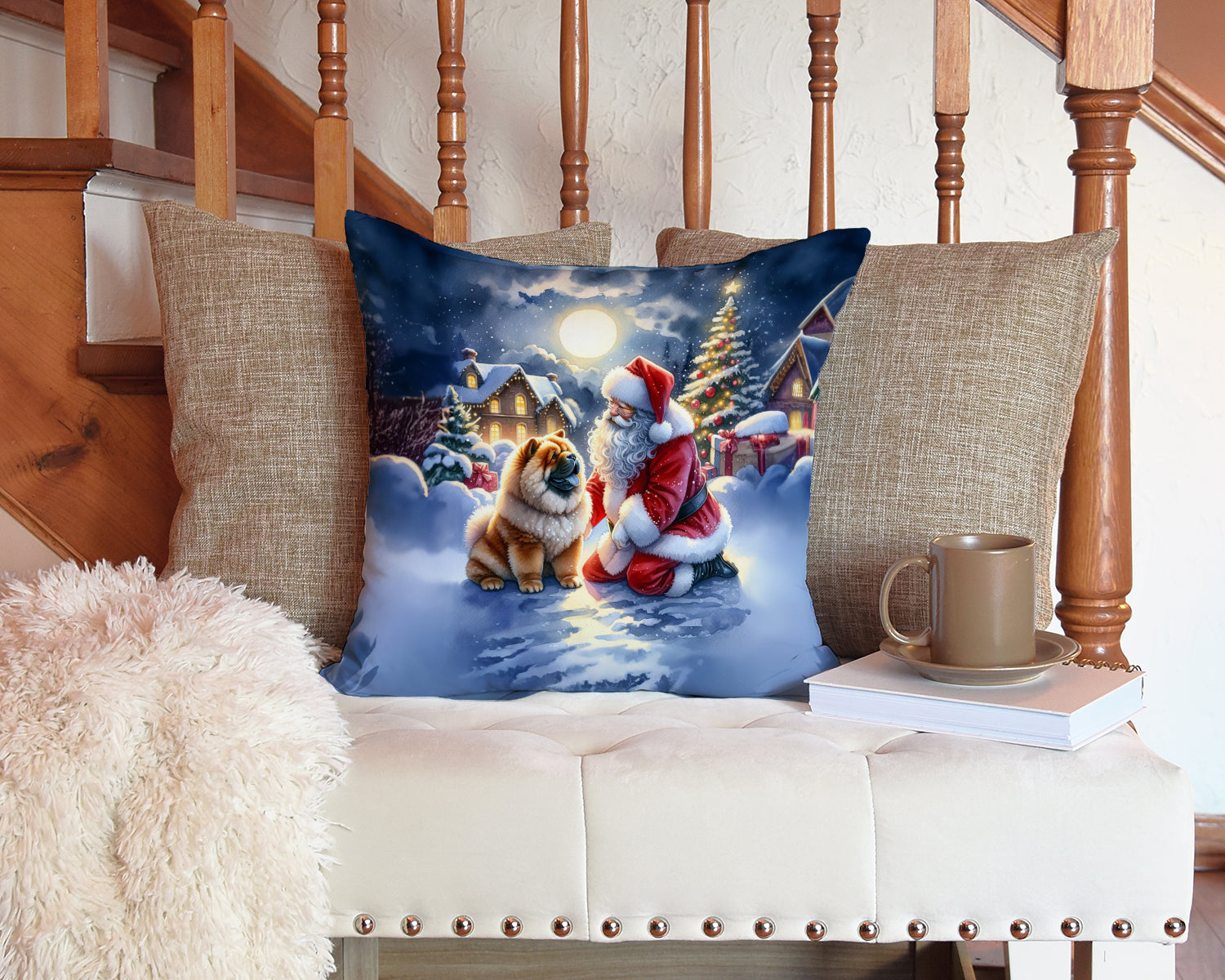 Chow Chow and Santa Claus Decorative Throw Pillow 14x14 Indoor Outdoor Accent Cushion, Fabric Cover with Insert for Sofa, Bed, Porch & Living Room