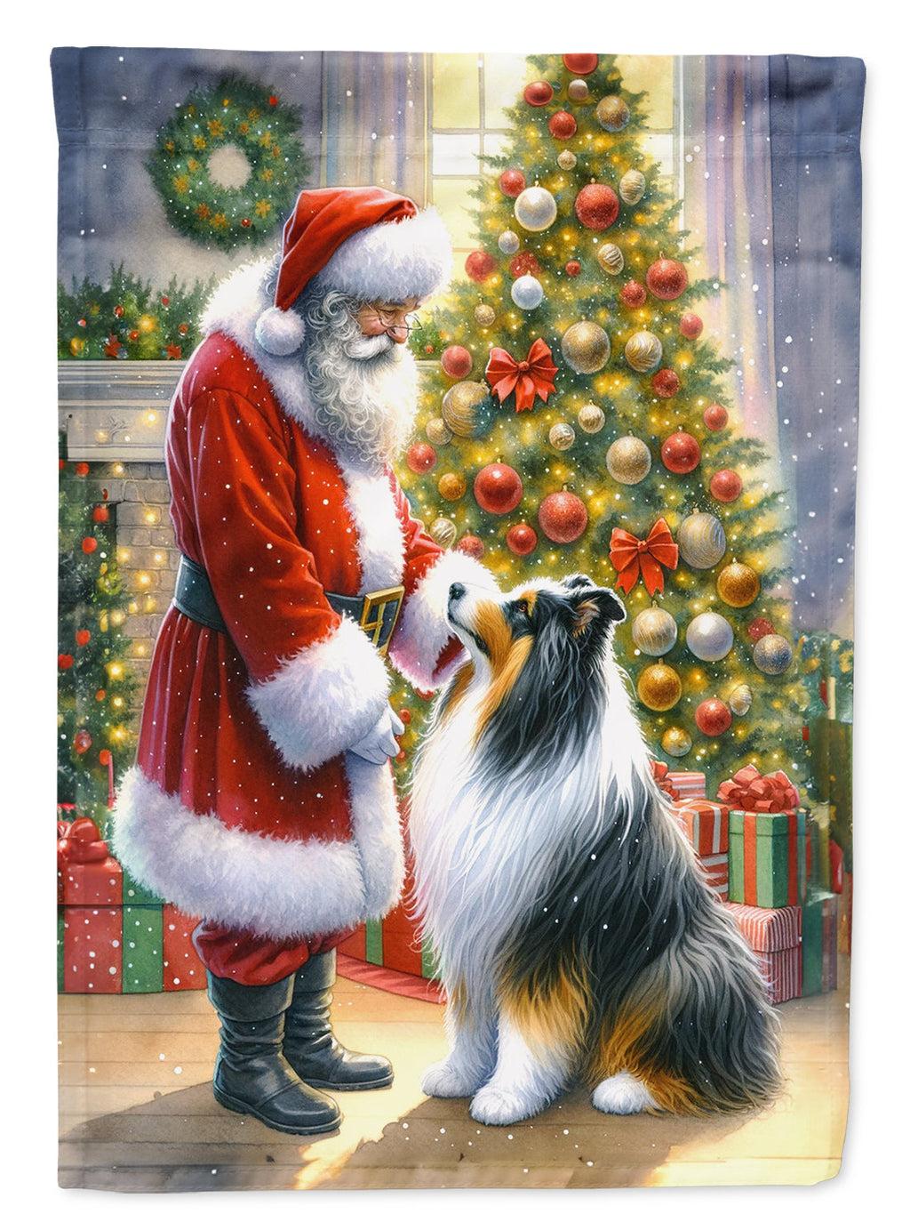 Collie and Santa Claus House Flag 28x40 Porch Sleeve Pole Decorative Outside Yard Banner Artwork Wall Hanging, Polyester