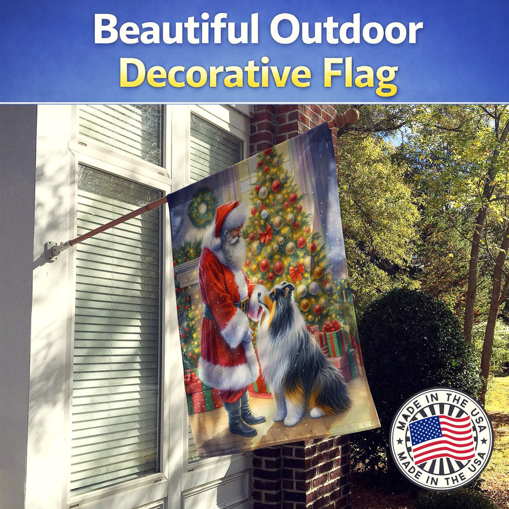 Collie and Santa Claus House Flag 28x40 Porch Sleeve Pole Decorative Outside Yard Banner Artwork Wall Hanging, Polyester