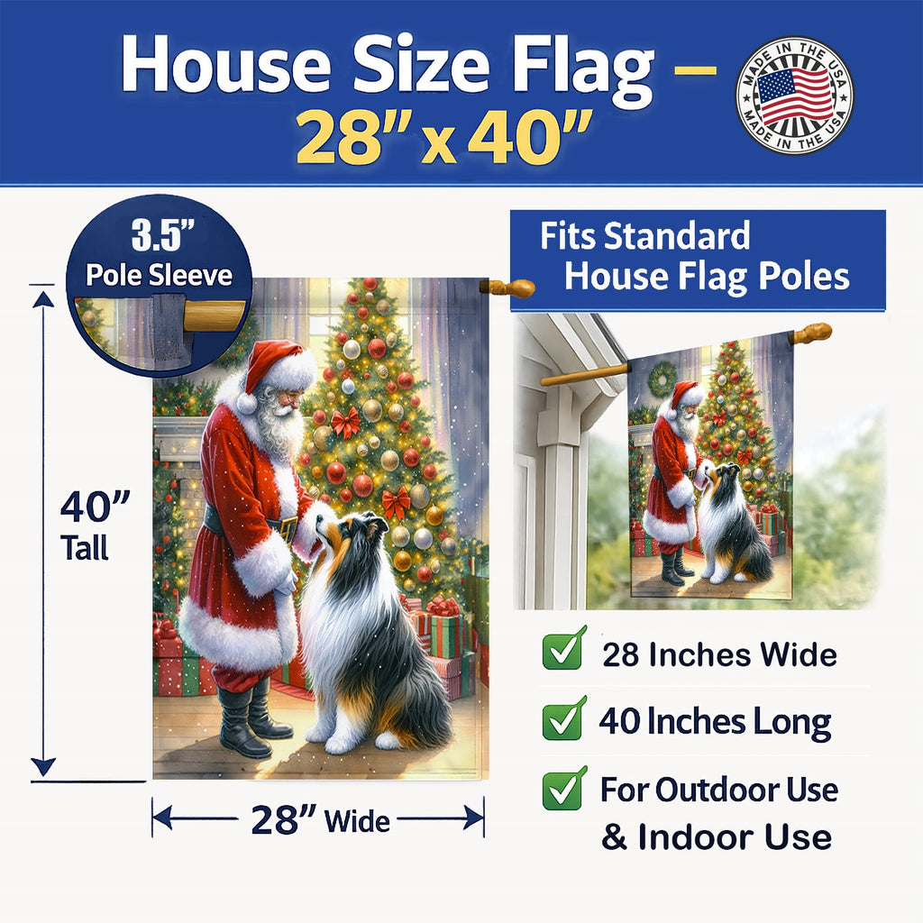 Collie and Santa Claus House Flag 28x40 Porch Sleeve Pole Decorative Outside Yard Banner Artwork Wall Hanging, Polyester