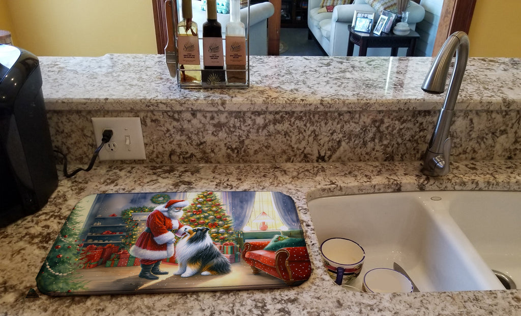 Collie and Santa Claus Dish Drying Mat Absorbent Dish Drying Mat Pad for Kitchen Counter Dish Drainer Mat for Countertop, 14 x 21", Multicolor