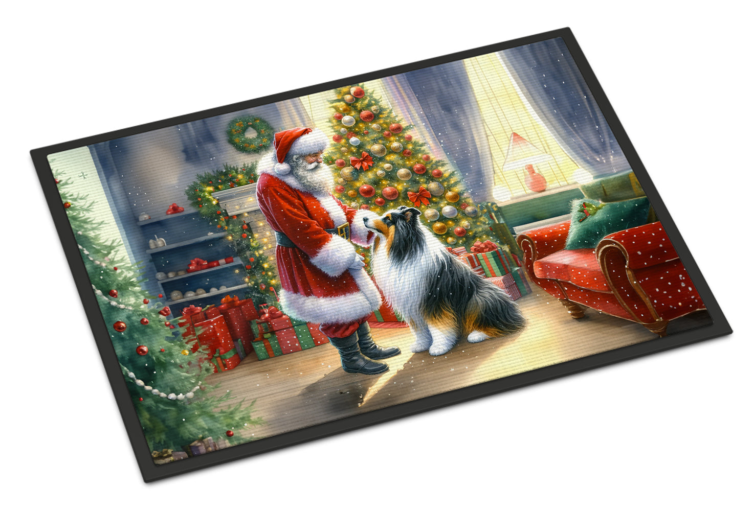 Collie and Santa Claus Doormat Indoor Outdoor 24H X 36W Front Door Mat Rugs for Entryway, Non Slip Washable Low Pile,