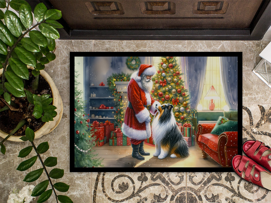 Collie and Santa Claus Doormat Indoor Outdoor 24H X 36W Front Door Mat Rugs for Entryway, Non Slip Washable Low Pile,