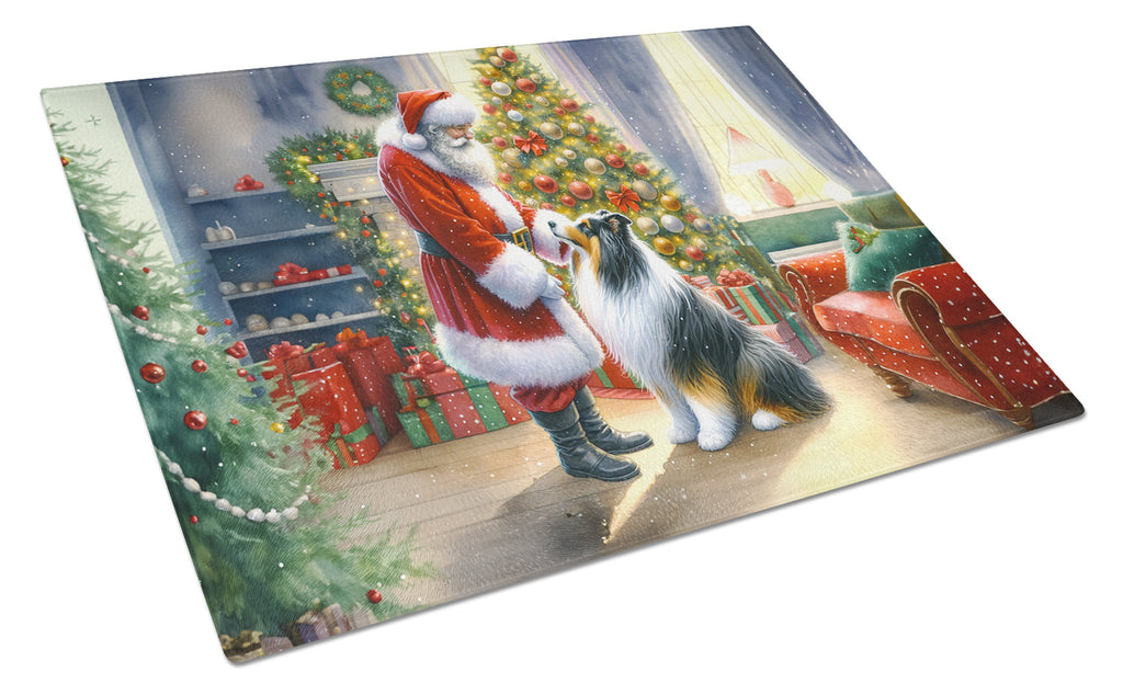 Collie and Santa Claus Cutting Board Tempered Glass Kitchen Cutting Surface, Heat Resistant Chopping, Non-Slip Feet, Food Prep & Serving