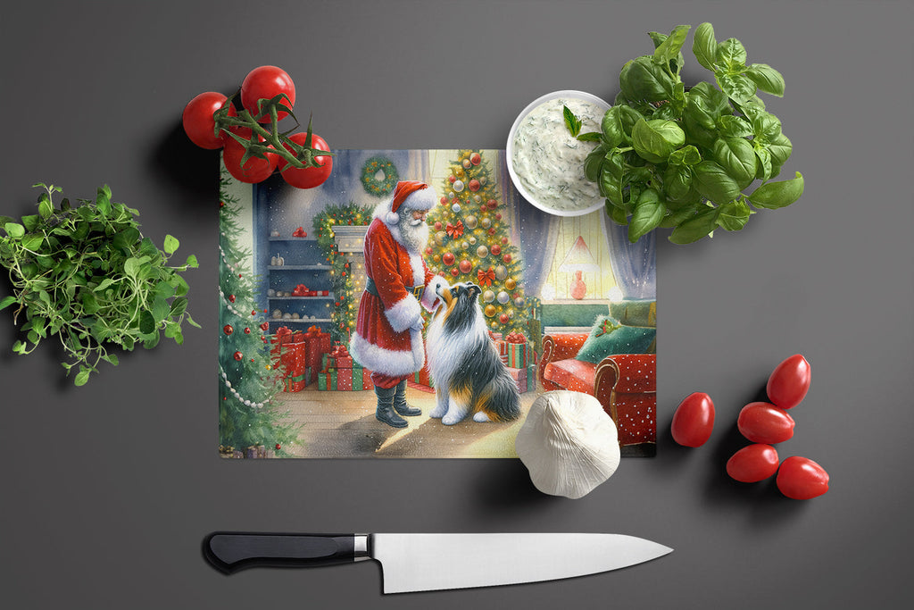Collie and Santa Claus Cutting Board Tempered Glass Kitchen Cutting Surface, Heat Resistant Chopping, Non-Slip Feet, Food Prep & Serving