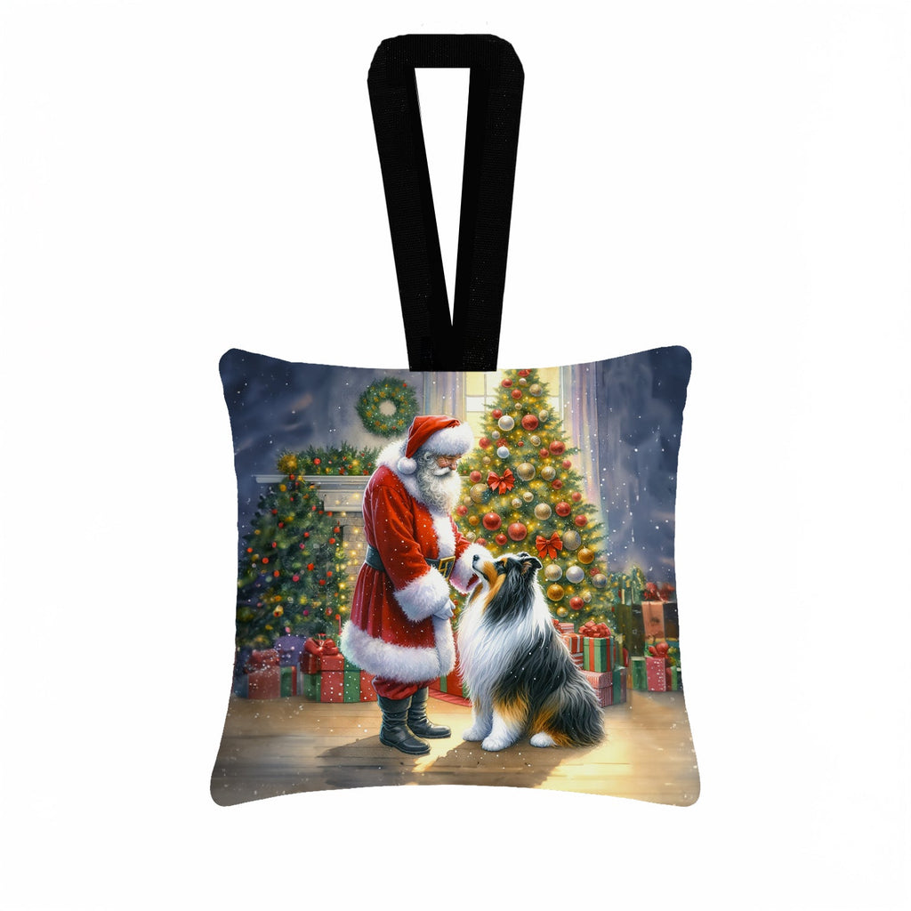 Collie and Santa Claus Hanging Square Fabric Ornament 3.5 × 3.5 Decorative Door-Knob & Tree Hanger, Soft Fabric