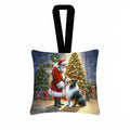 Collie and Santa Claus Hanging Square Fabric Ornament 3.5 × 3.5 Decorative Door-Knob & Tree Hanger, Soft Fabric