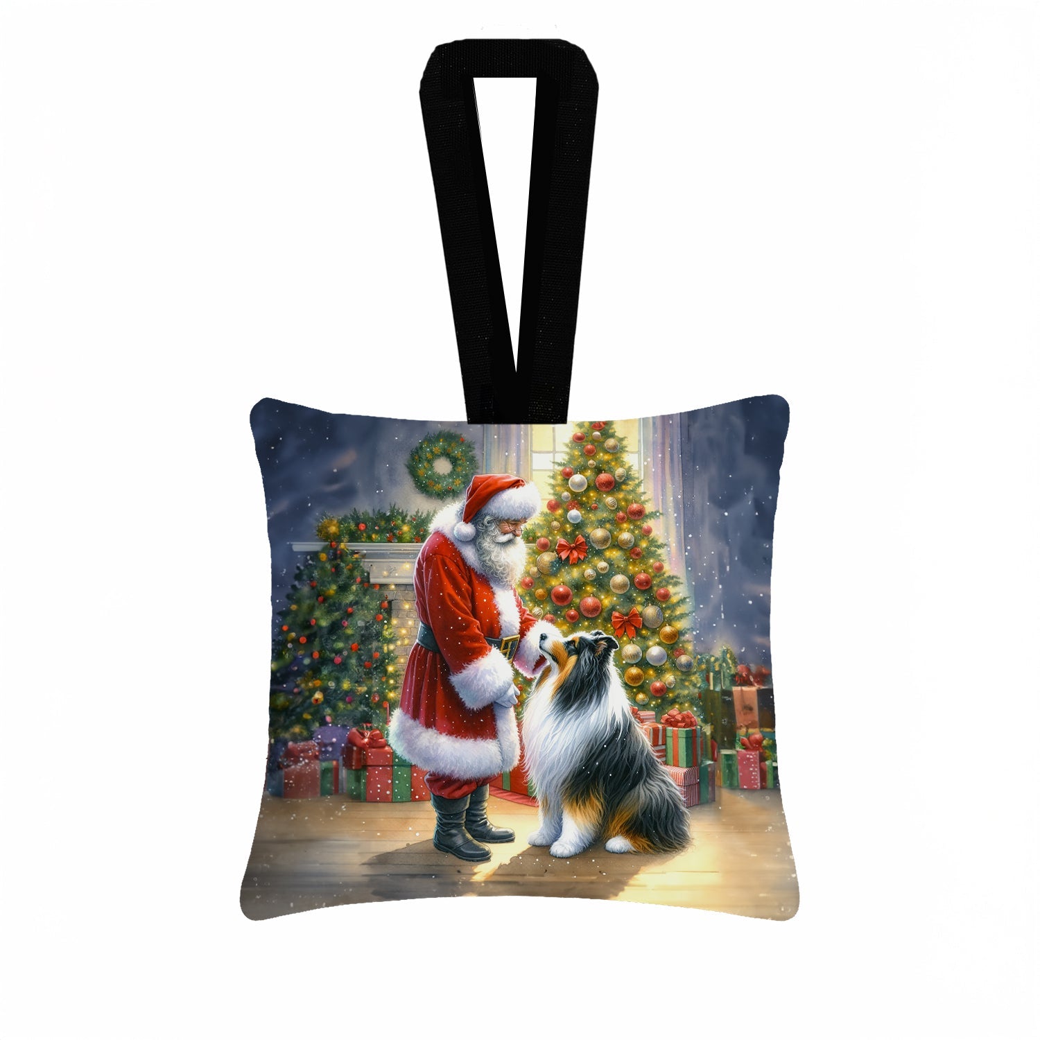 Collie and Santa Claus Hanging Square Fabric Ornament 3.5 × 3.5 Decorative Door-Knob & Tree Hanger, Soft Fabric