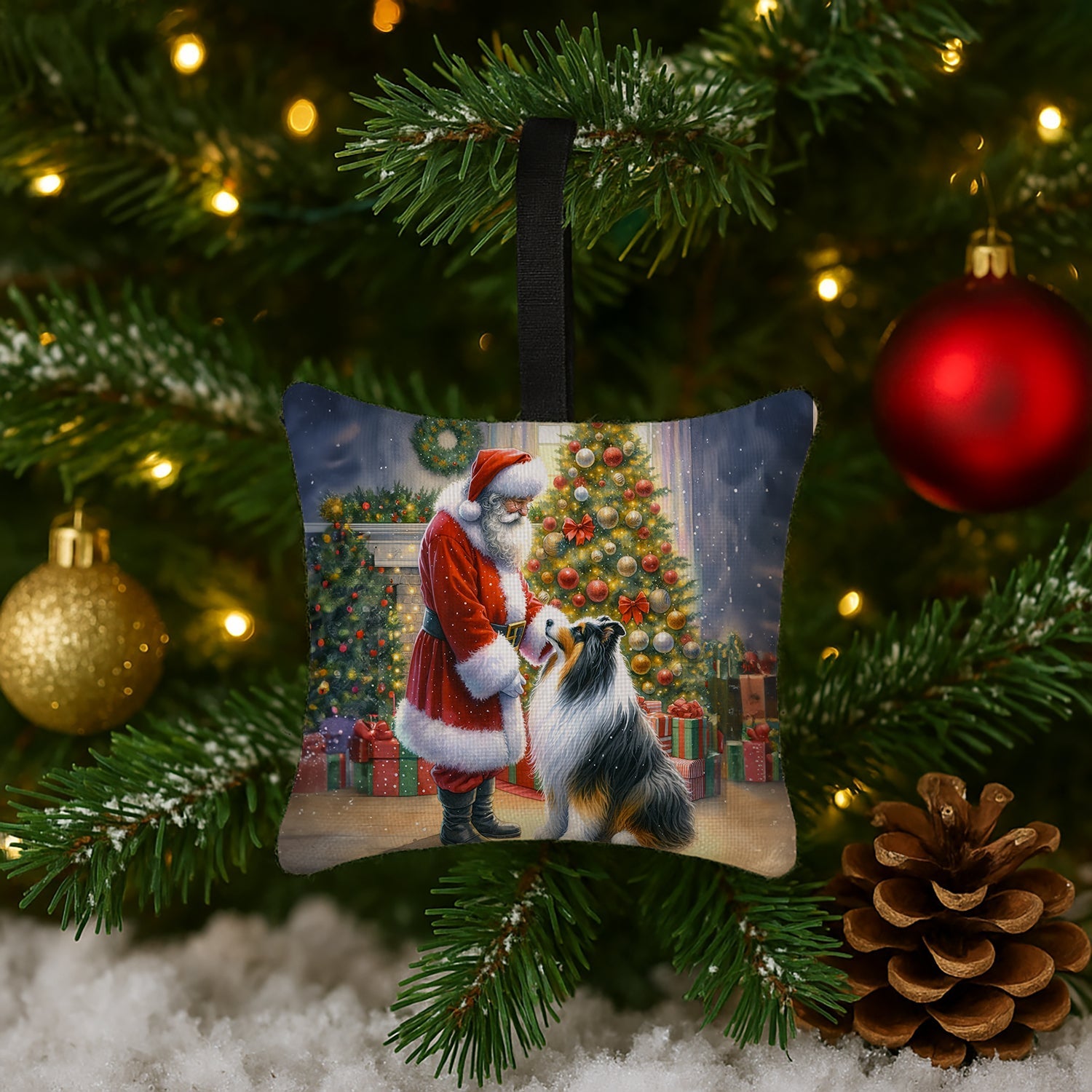 Collie and Santa Claus Hanging Square Fabric Ornament 3.5 × 3.5 Decorative Door-Knob & Tree Hanger, Soft Fabric