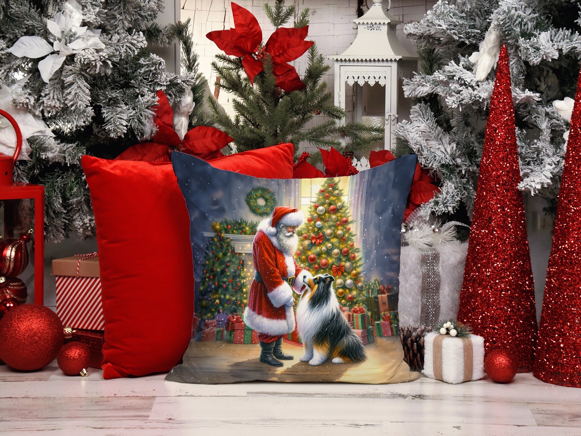Collie and Santa Claus Decorative Throw Pillow 14x14 Indoor Outdoor Accent Cushion, Fabric Cover with Insert for Sofa, Bed, Porch & Living Room