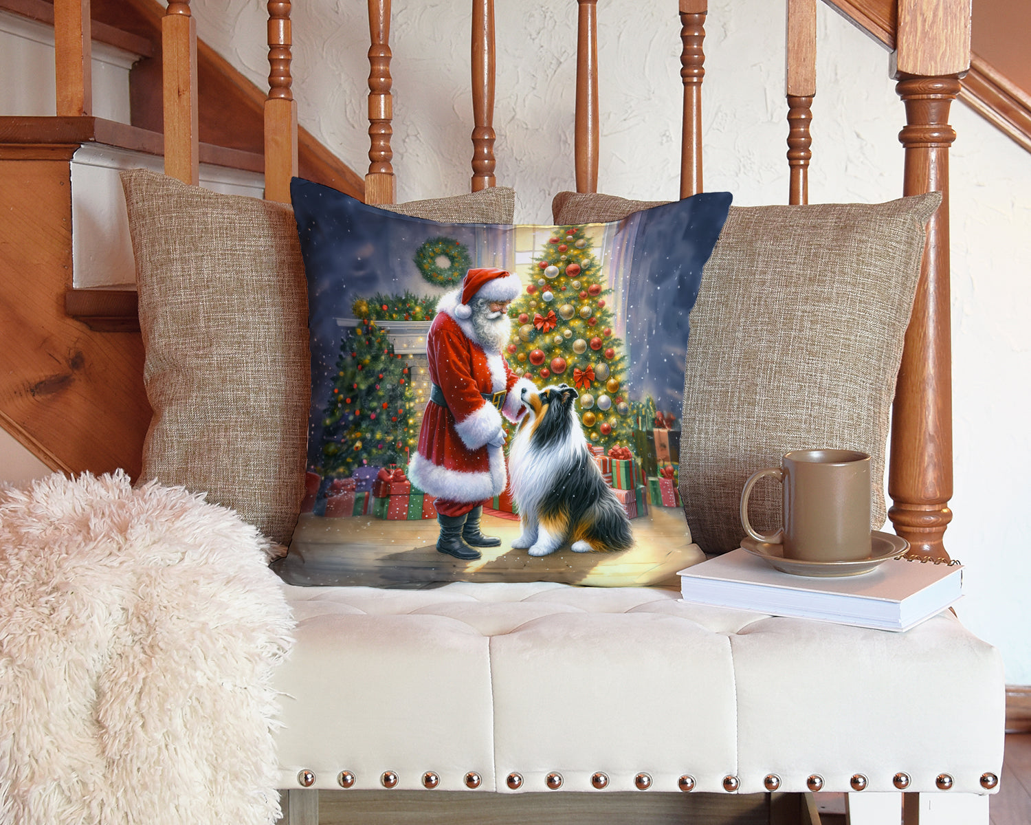 Collie and Santa Claus Decorative Throw Pillow 14x14 Indoor Outdoor Accent Cushion, Fabric Cover with Insert for Sofa, Bed, Porch & Living Room