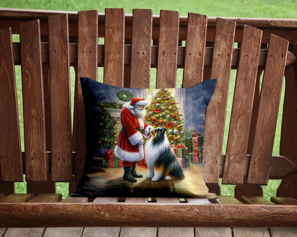 Collie and Santa Claus Decorative Throw Pillow 14x14 Indoor Outdoor Accent Cushion, Fabric Cover with Insert for Sofa, Bed, Porch & Living Room