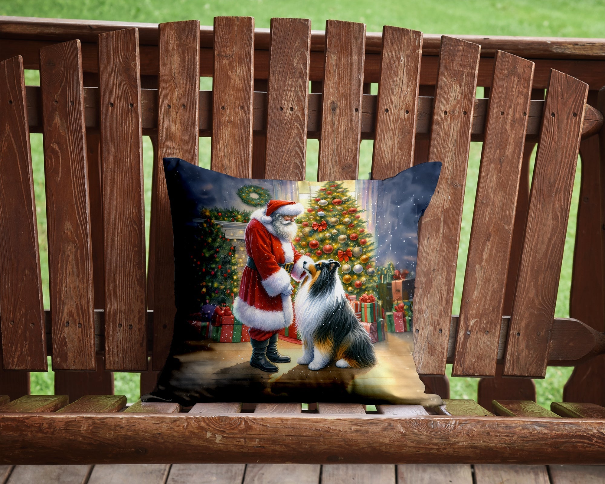 Collie and Santa Claus Decorative Throw Pillow 14x14 Indoor Outdoor Accent Cushion, Fabric Cover with Insert for Sofa, Bed, Porch & Living Room