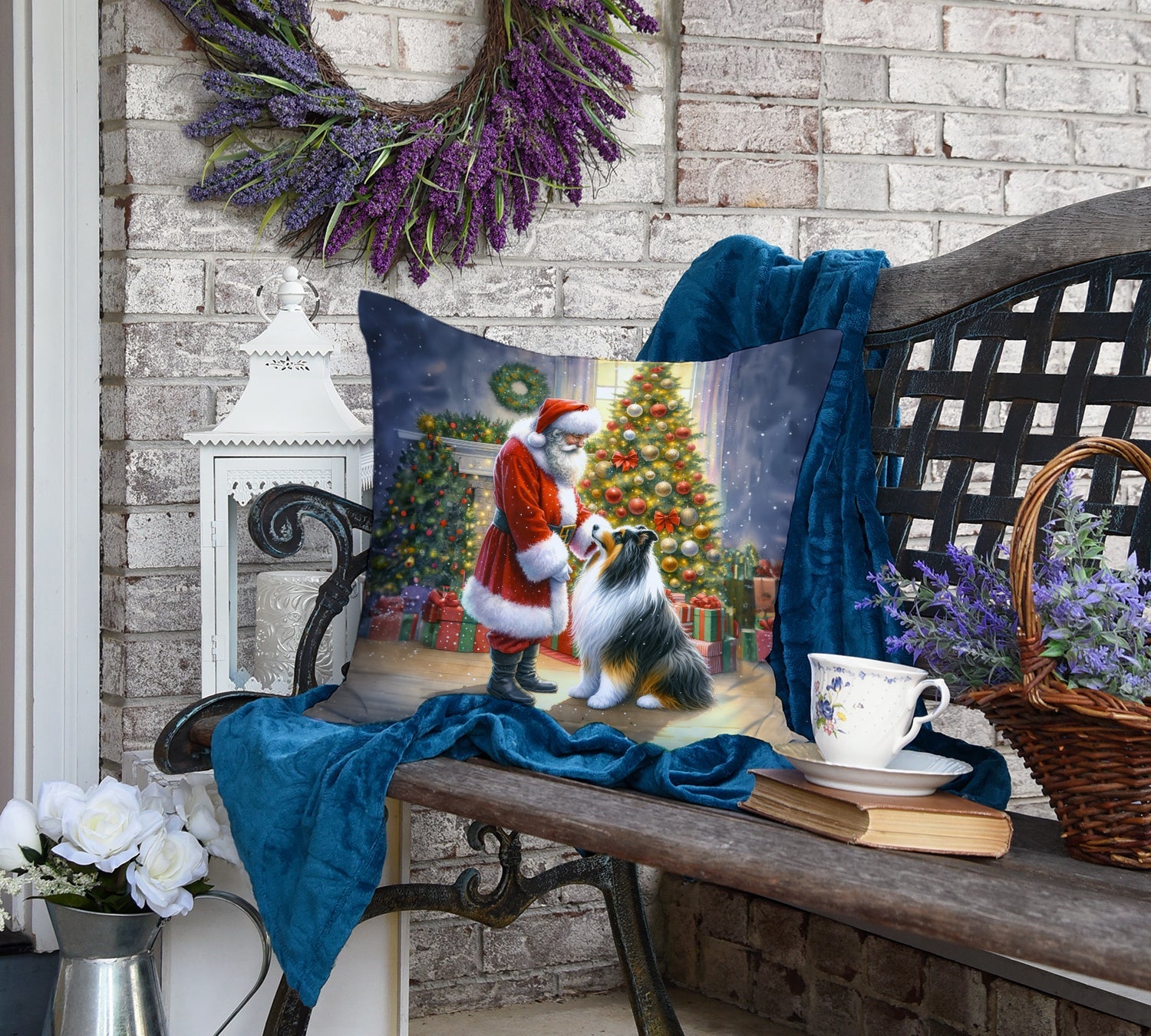 Collie and Santa Claus Decorative Throw Pillow 18x18 Indoor Outdoor Accent Cushion, Fabric Cover with Insert for Sofa, Bed, Porch & Living Room