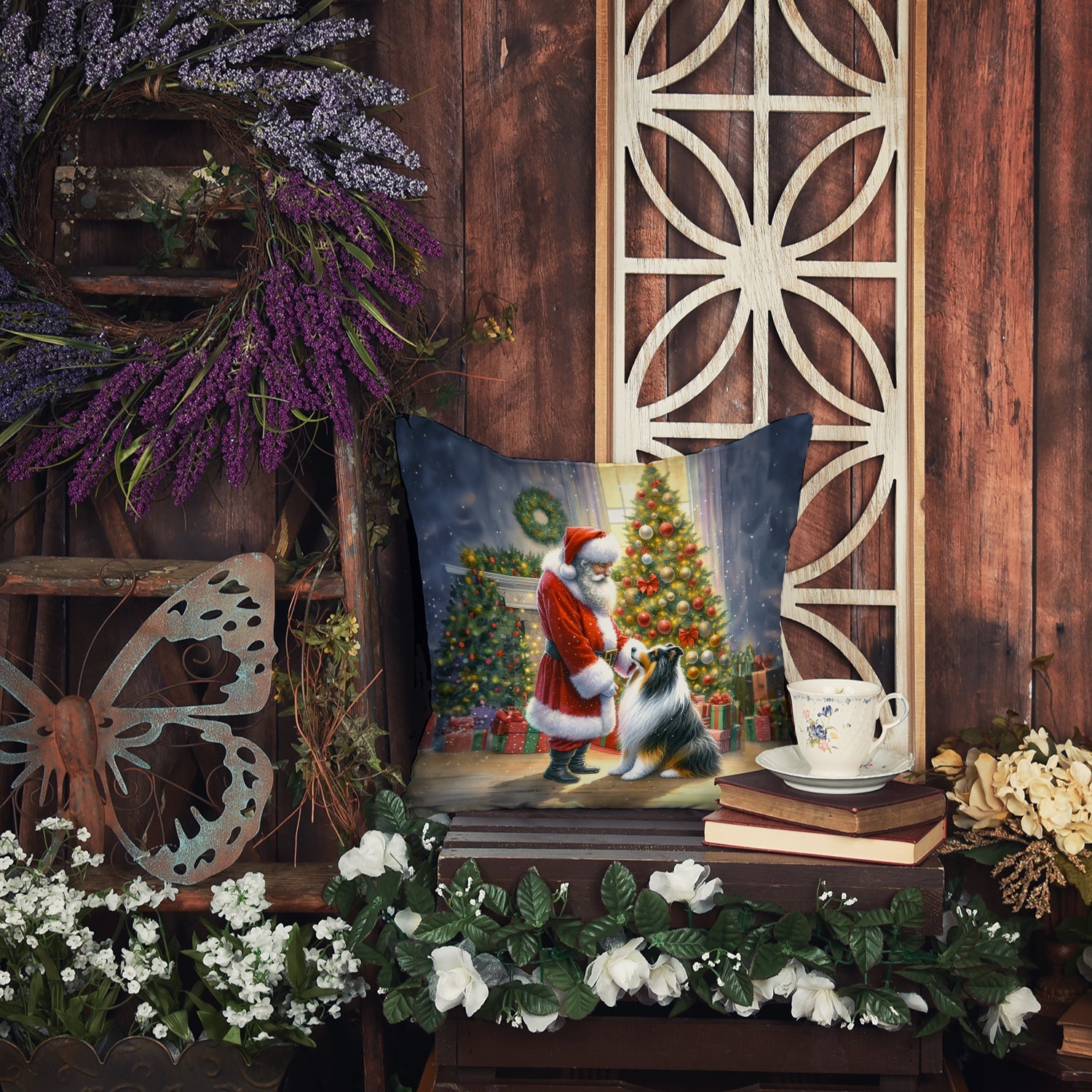 Collie and Santa Claus Decorative Throw Pillow 18x18 Indoor Outdoor Accent Cushion, Fabric Cover with Insert for Sofa, Bed, Porch & Living Room