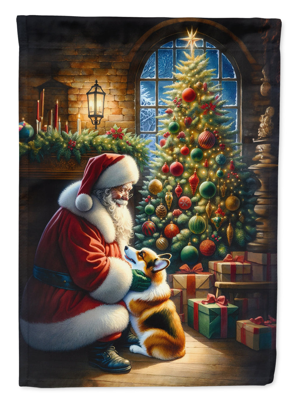 Corgi and Santa Claus House Flag 28x40 Porch Sleeve Pole Decorative Outside Yard Banner Artwork Wall Hanging, Polyester
